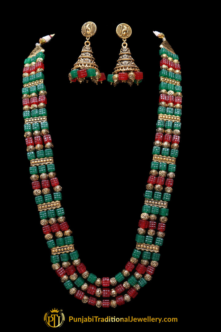 Maroon Green Antique Gold Necklace Set By Punjabi Traditional Jewellery