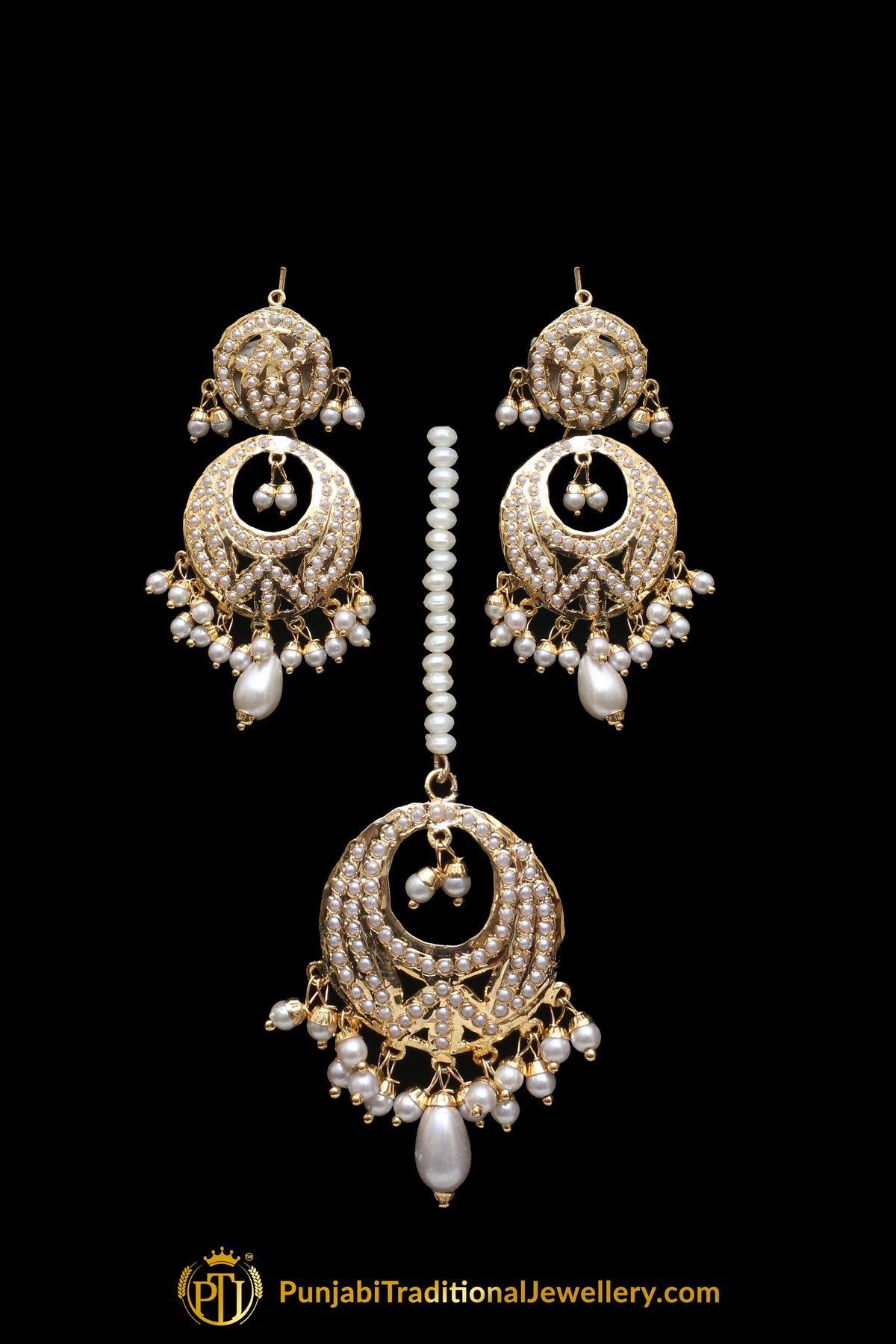 Jadau Golden Pearl Mala Necklace Set By Punjabi Traditional Jewellery