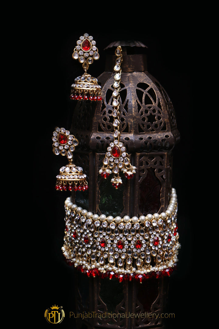 Red White Pearl Kundan Choker Necklace Set By Punjabi Traditional Jewellery
