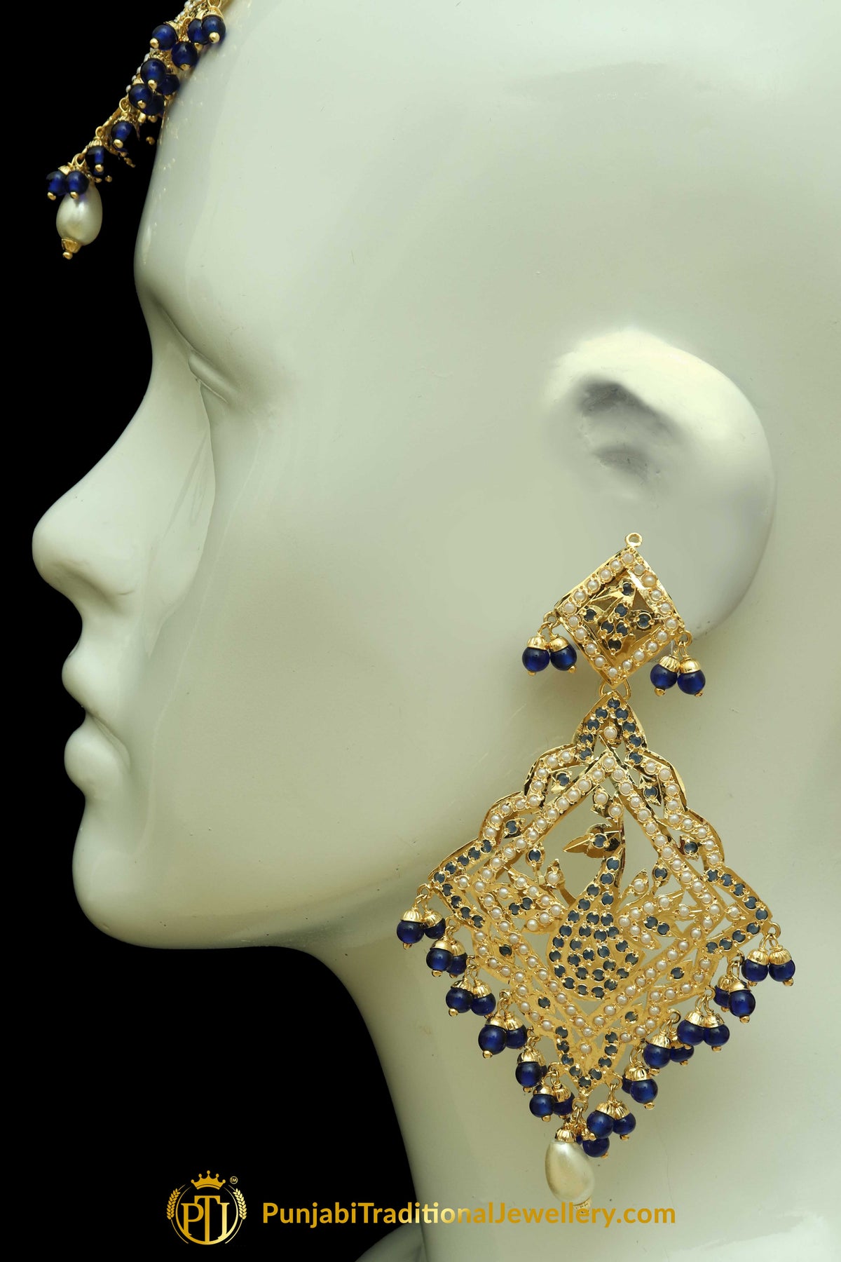 Blue Jadau Pearl Earring Tikka Set By Punjabi Traditional Jewellery