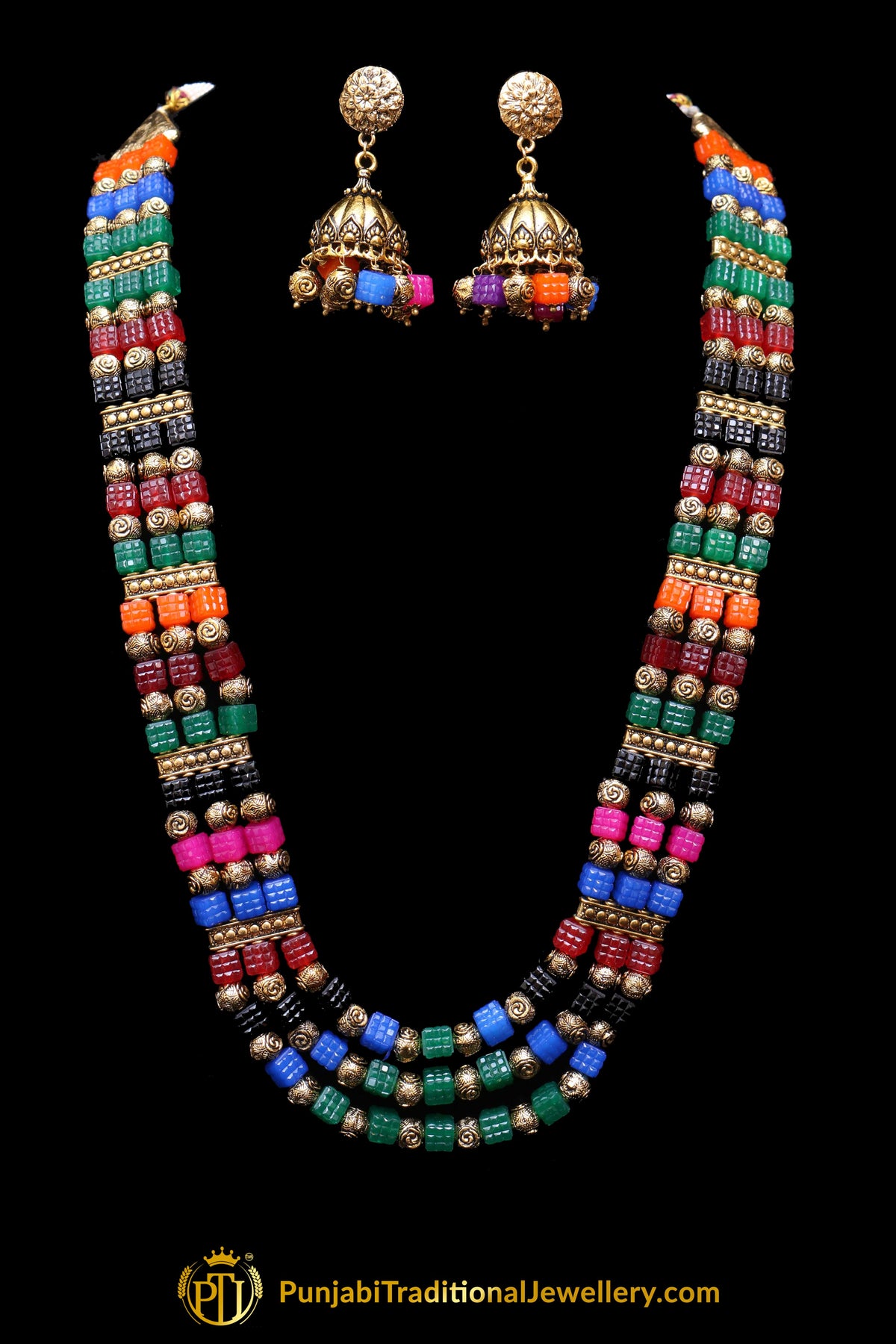 Multi Antique Gold Mala Necklace Set By Punjabi Traditional Jewellery