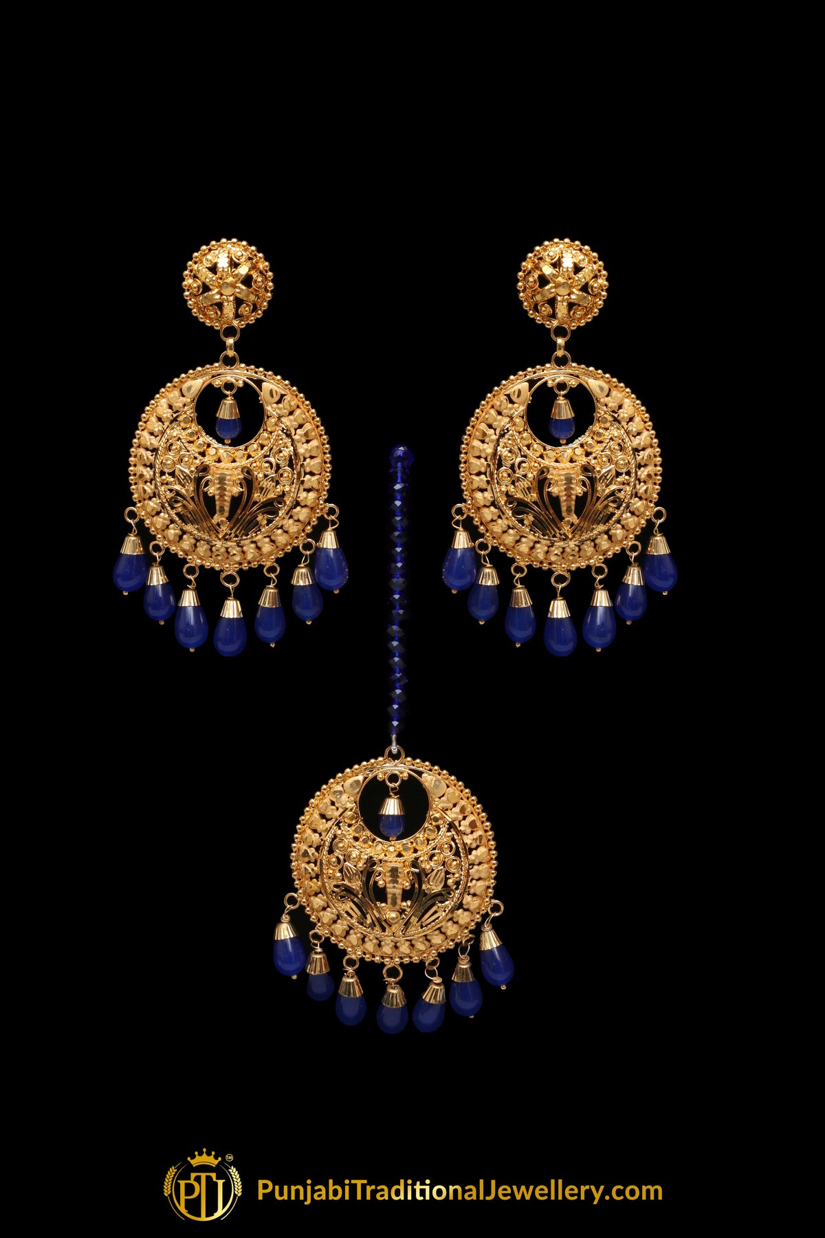 Aara Blue Gold Plated Pearl Earring Tikka Set By Punjabi Traditional Jewellery