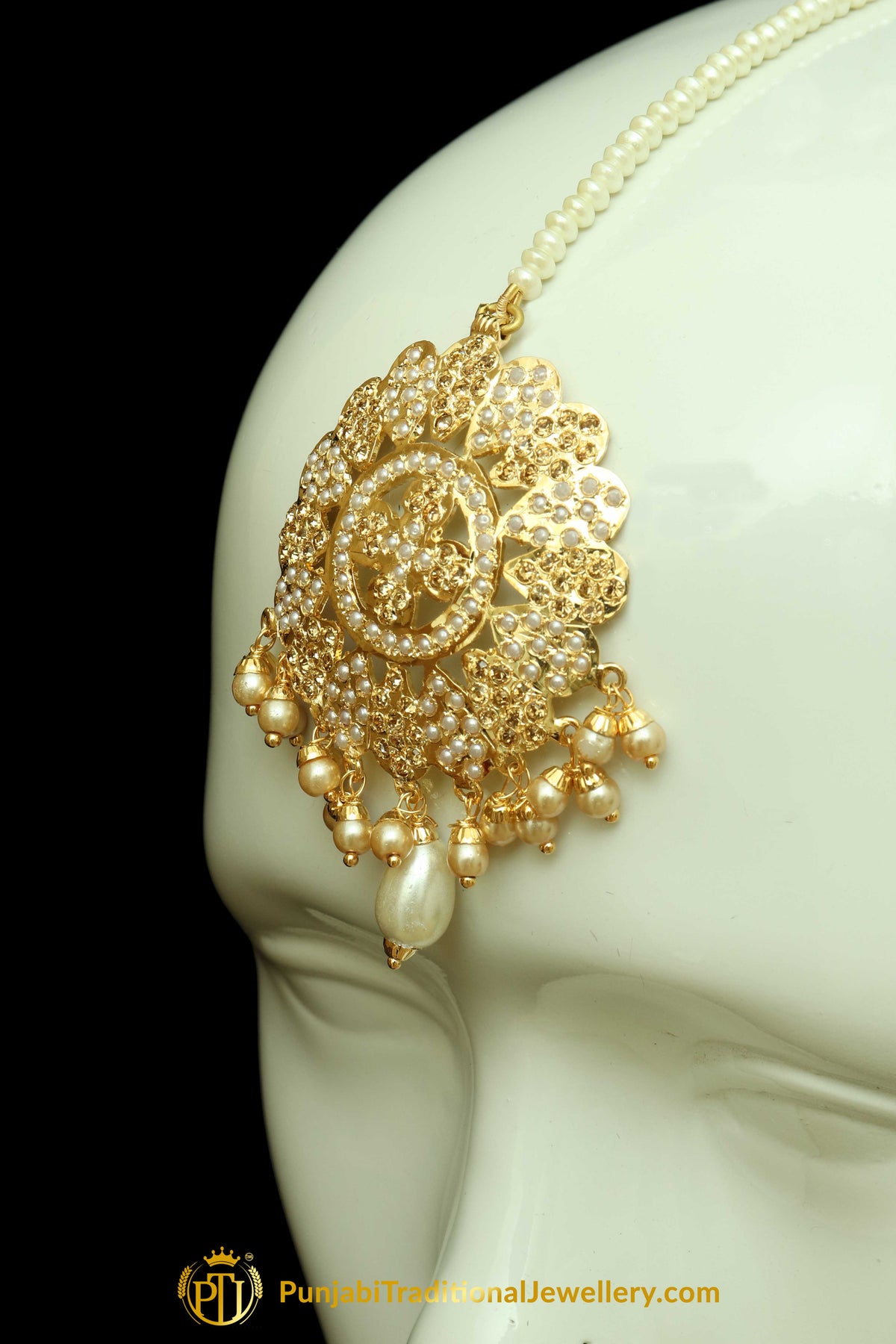 Yellow Jadau & Jhumki Earring Tikka Set By Punjabi Traditional Jewellery Earrings