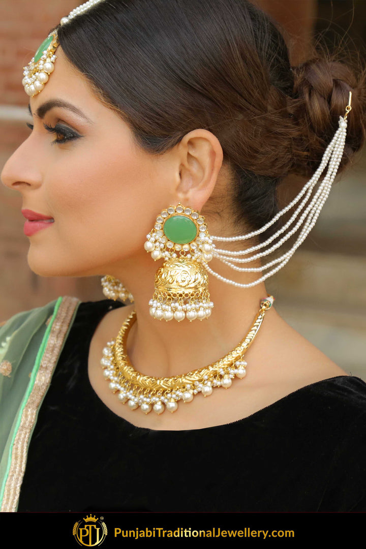 Hazimah Gold Finished New Jade Hasli Necklace, Tikka & Sahare Earrings | Punjabi Traditional Jewellery Exclusive