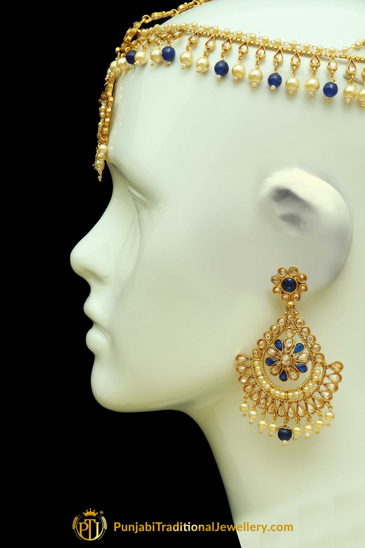 Blue Polki Matha Patti Earrings By Punjabi Traditional Jewellery