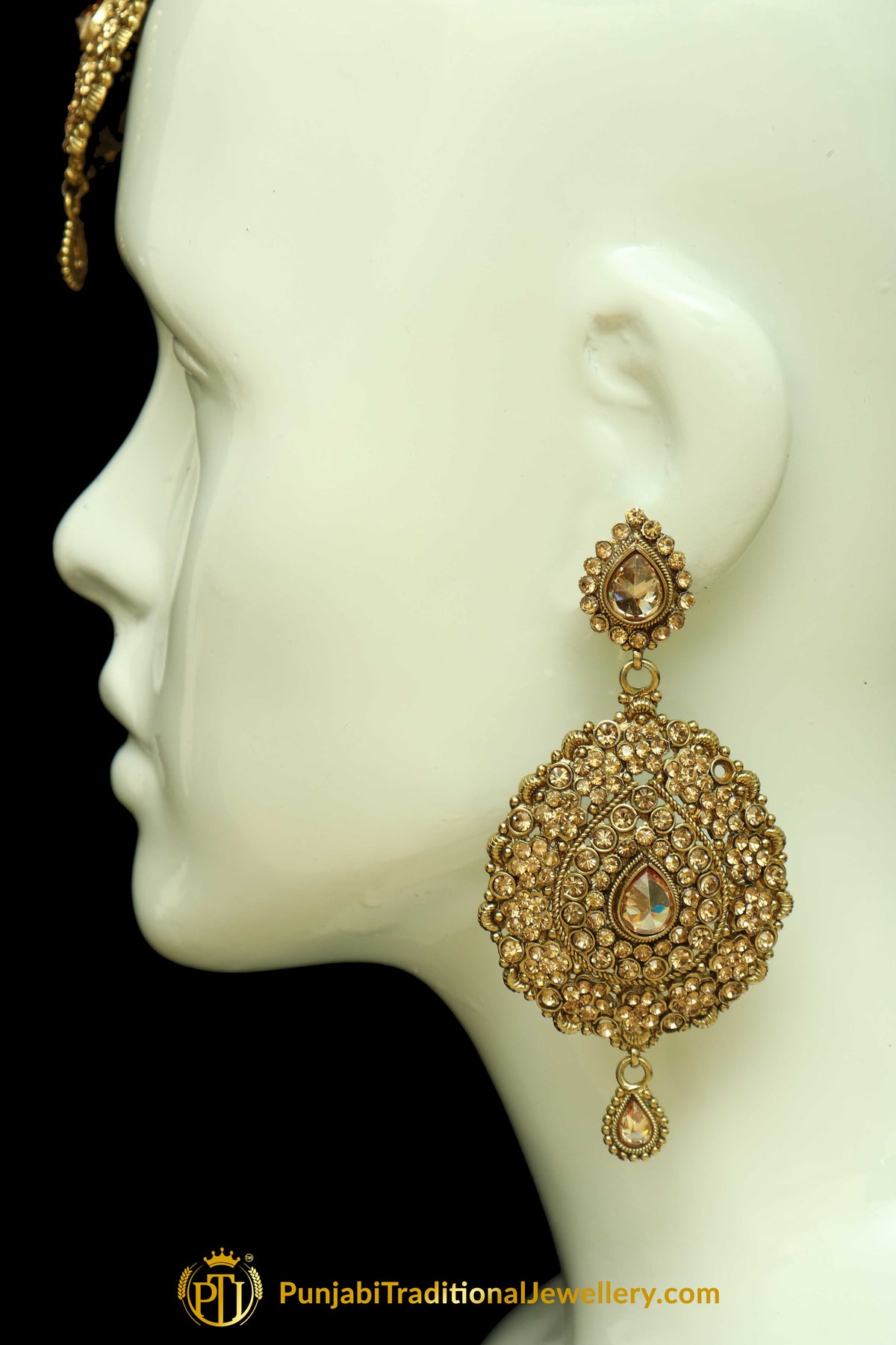 Gold Finished Champagne Stone Earring Tikka Set By Punjabi Traditional Jewellery