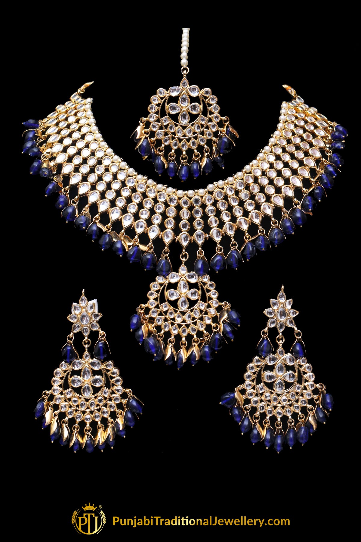 Blue Pearl Kundan Necklace Set Punjabi Traditional Jewellery