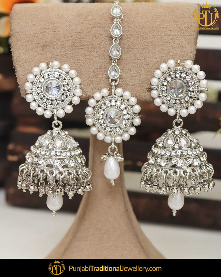 Silver  Finished Polki Earring Tikka Set | Punjabi Traditional Jewellery Exclusive