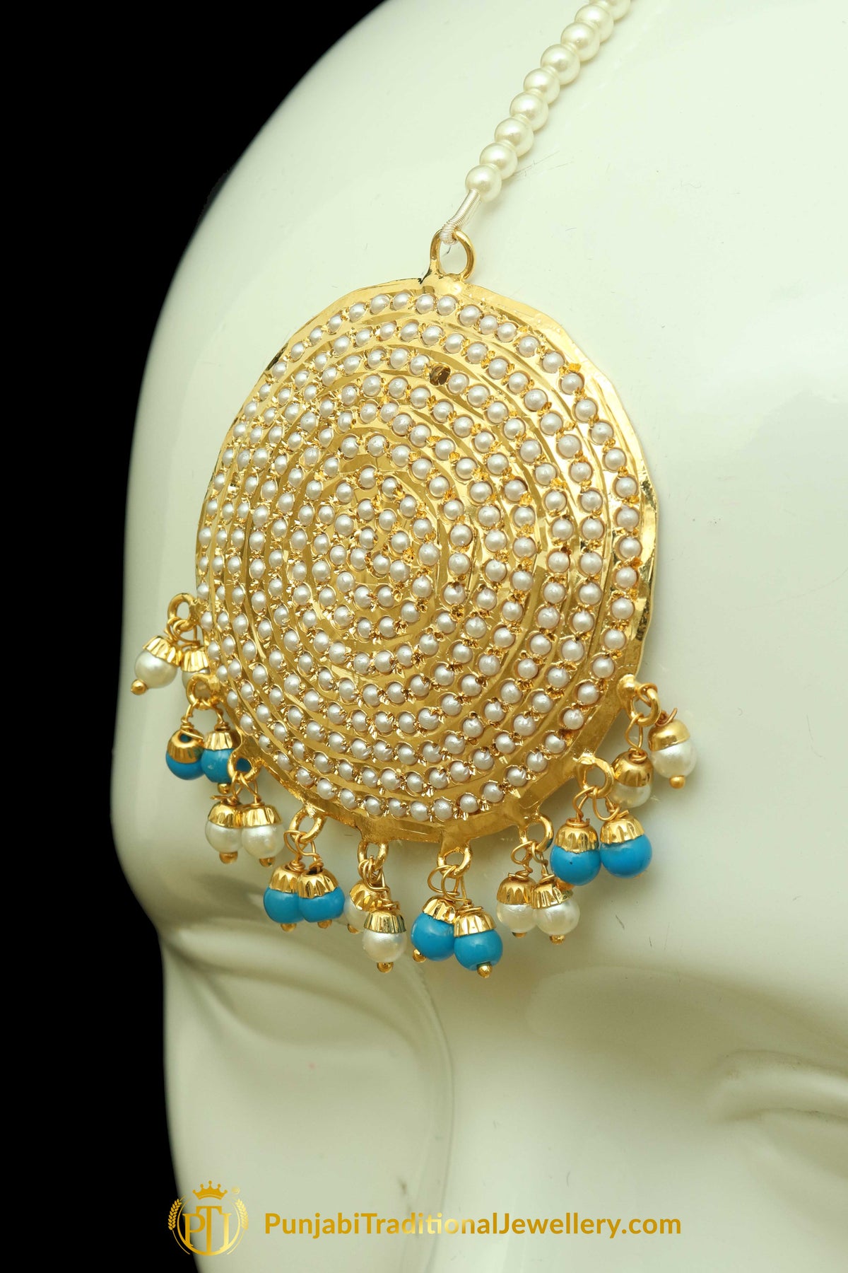 Firozi Jadau Pearl Earring Tikka Set By Punjabi Traditional Jewellery