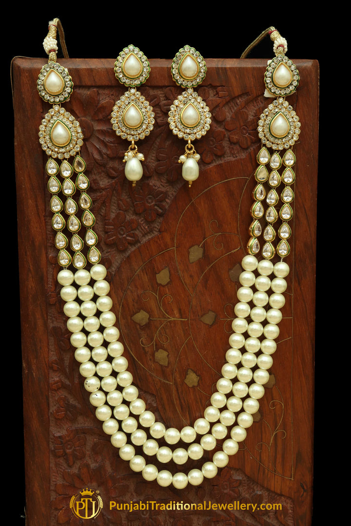 White Polki Pearl Mala Necklace Set By Punjabi Traditional Jewellery