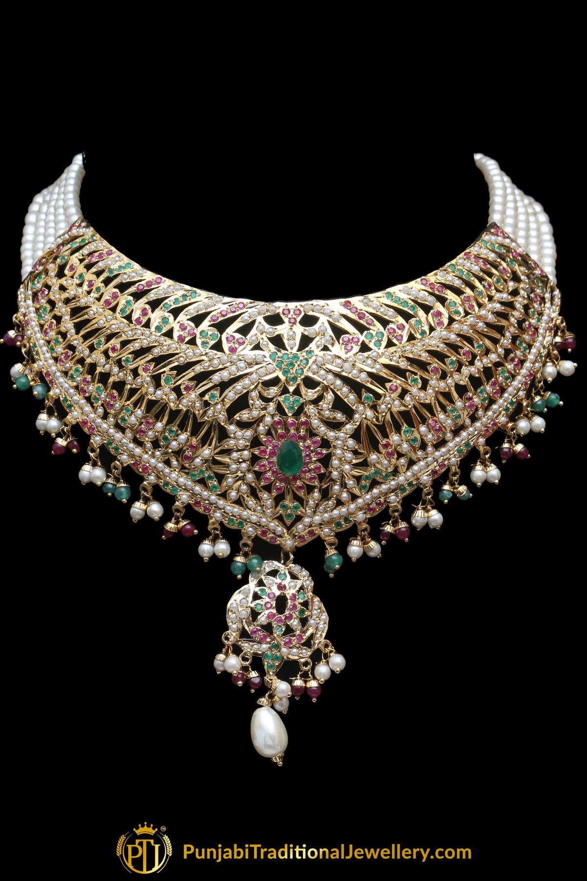 Jadau Multi Pearl Choker Necklace Set By Punjabi Traditional Jewellery