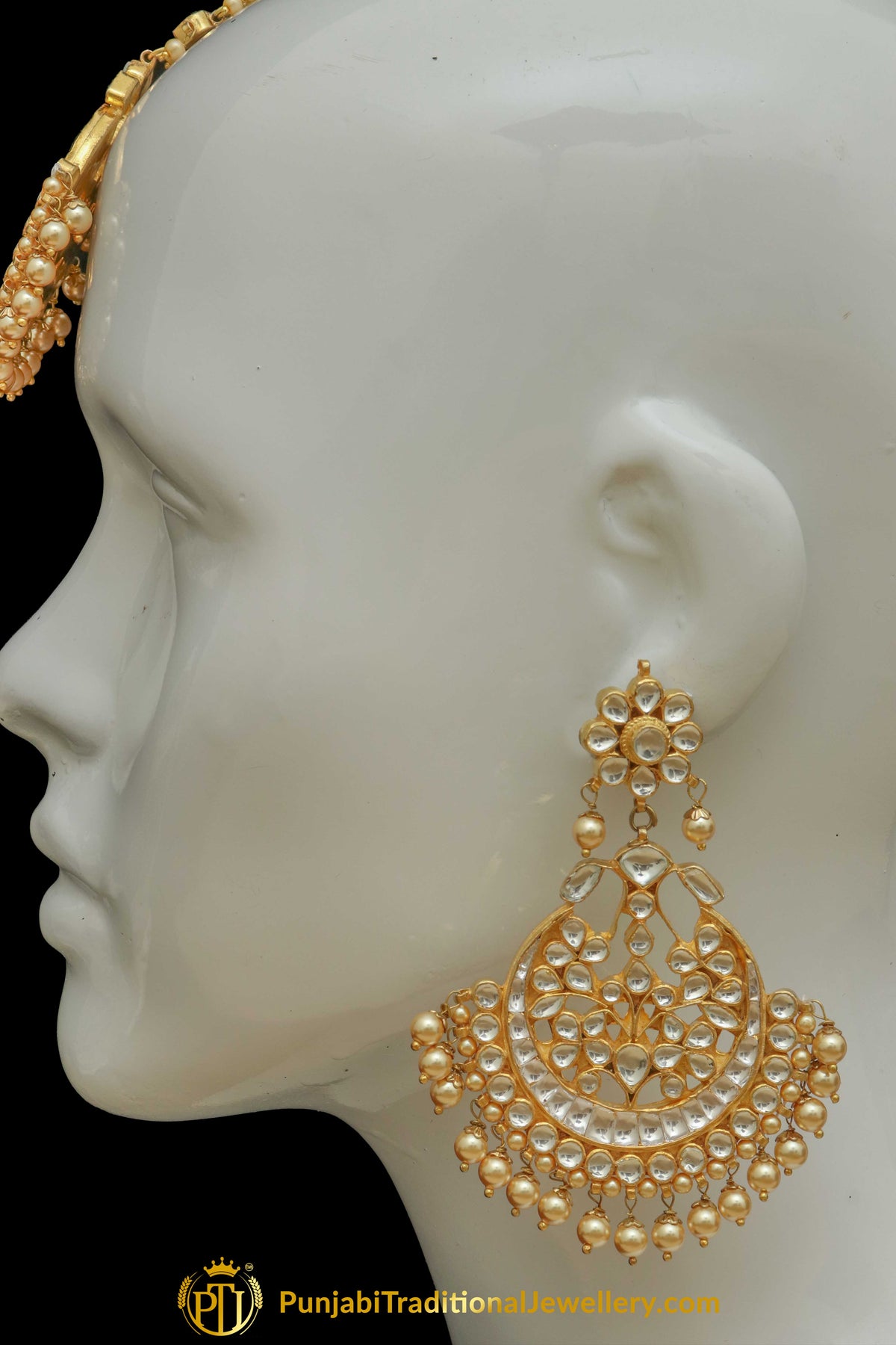 Golden Kundan Pearl Earring Tikka Set | Punjabi Traditional Jewellery Exclusive