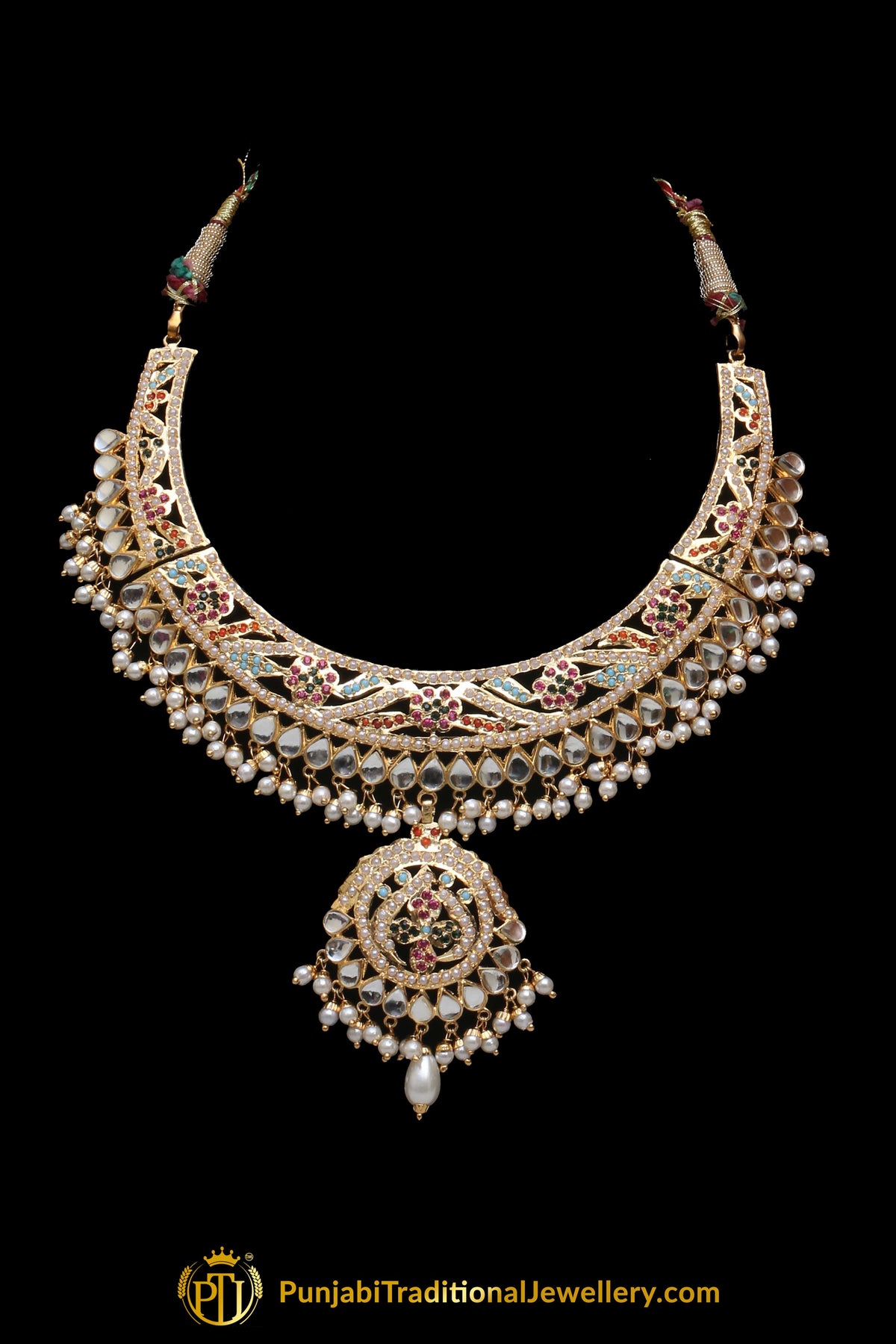 Red Jadau Pearl Kundan Necklace Set By Punjabi Taditional Jewellery