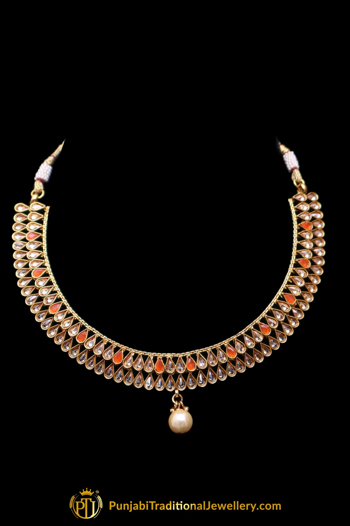 Orange Polki Necklace Set By Punjabi Traditional Jewellery