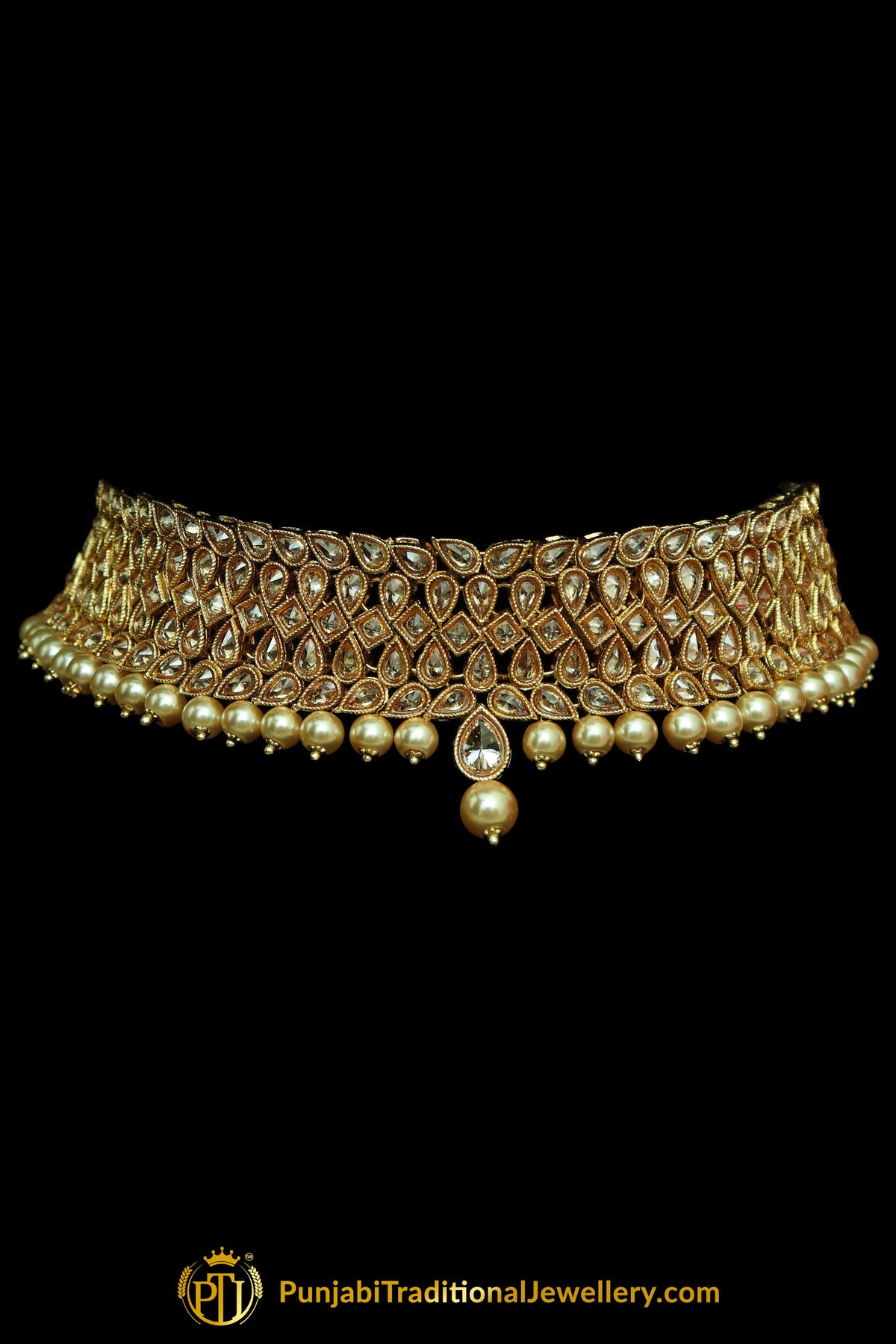 Champagne Stone Pearl Choker Necklace Set By Punjabi Taditional Jewellery