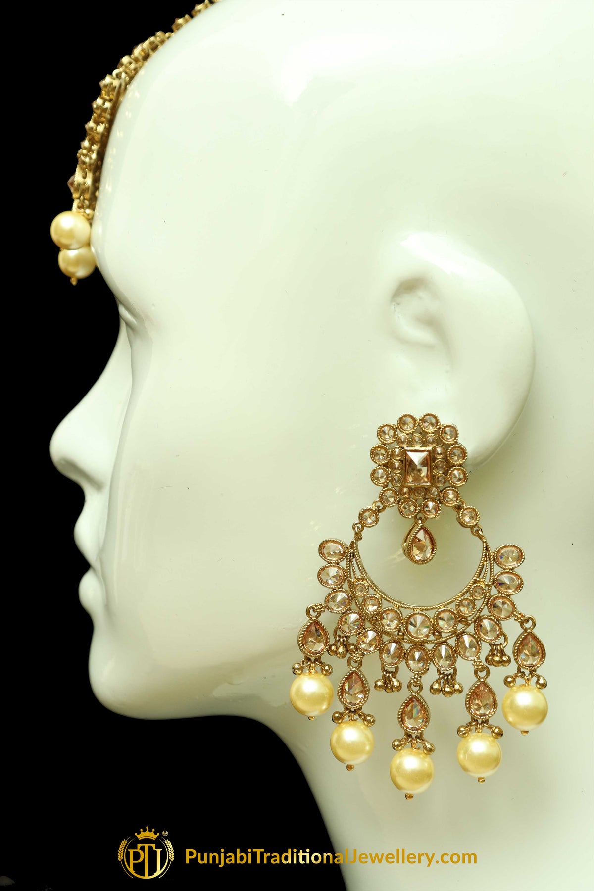 Gold Finished Champagne Stone & Pearl Earring Tikka Set By Punjabi Traditional Jewellery