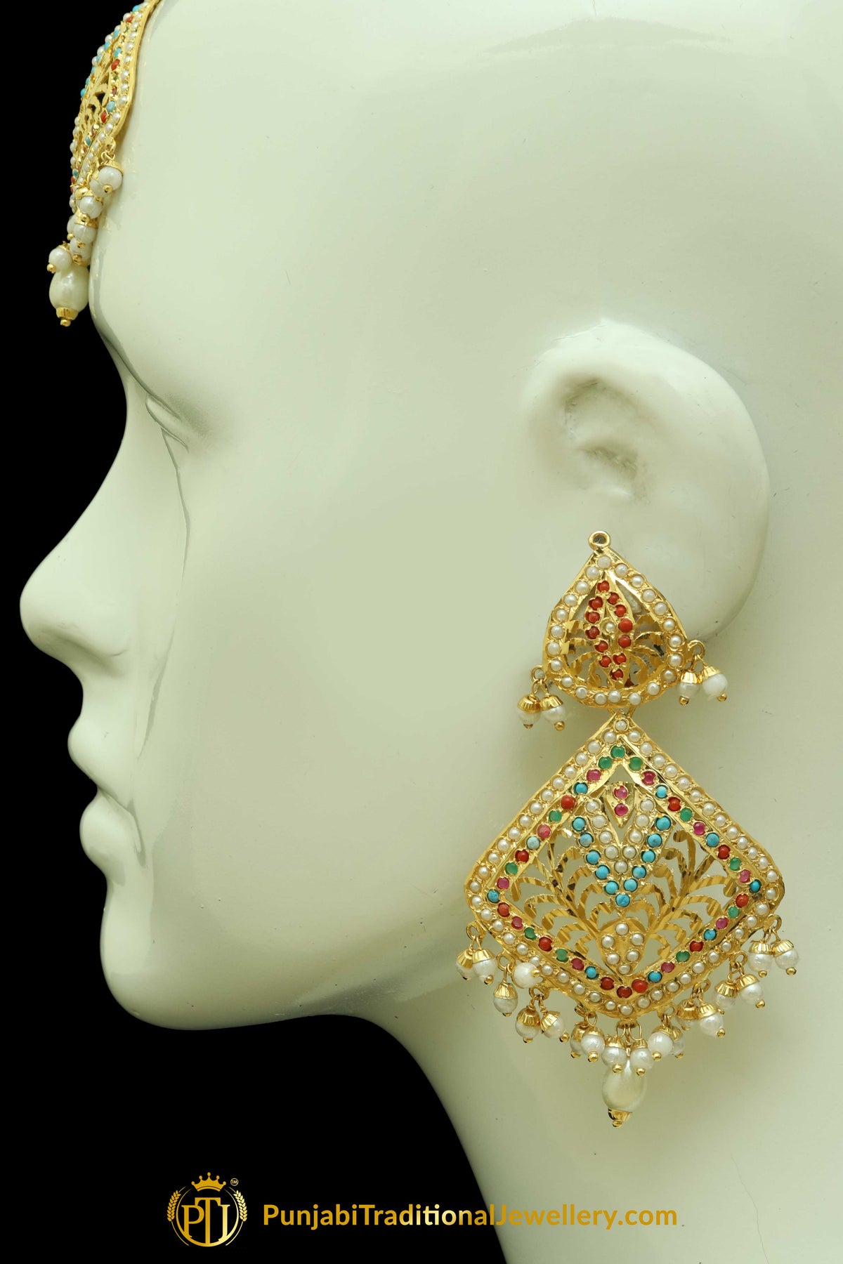 Gold Finished Navratan Jadau Earring Tikka Set By Punjabi Traditional Jewellery