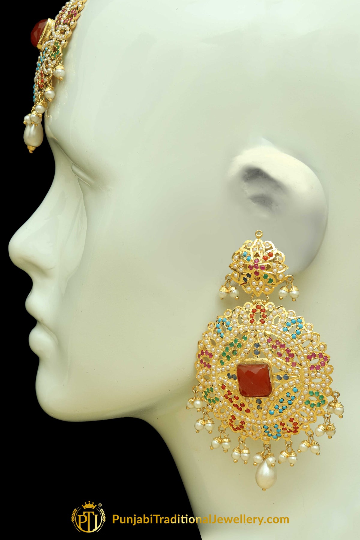 Multi Jadau Pearl Earring Tikka Set By Punjabi Traditional Jewellery