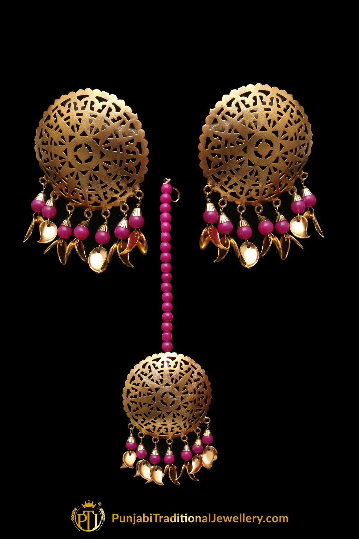 Pink Pippal Patti Sutd Earrings & Tikka Set By Punjabi Traditional Jewellery