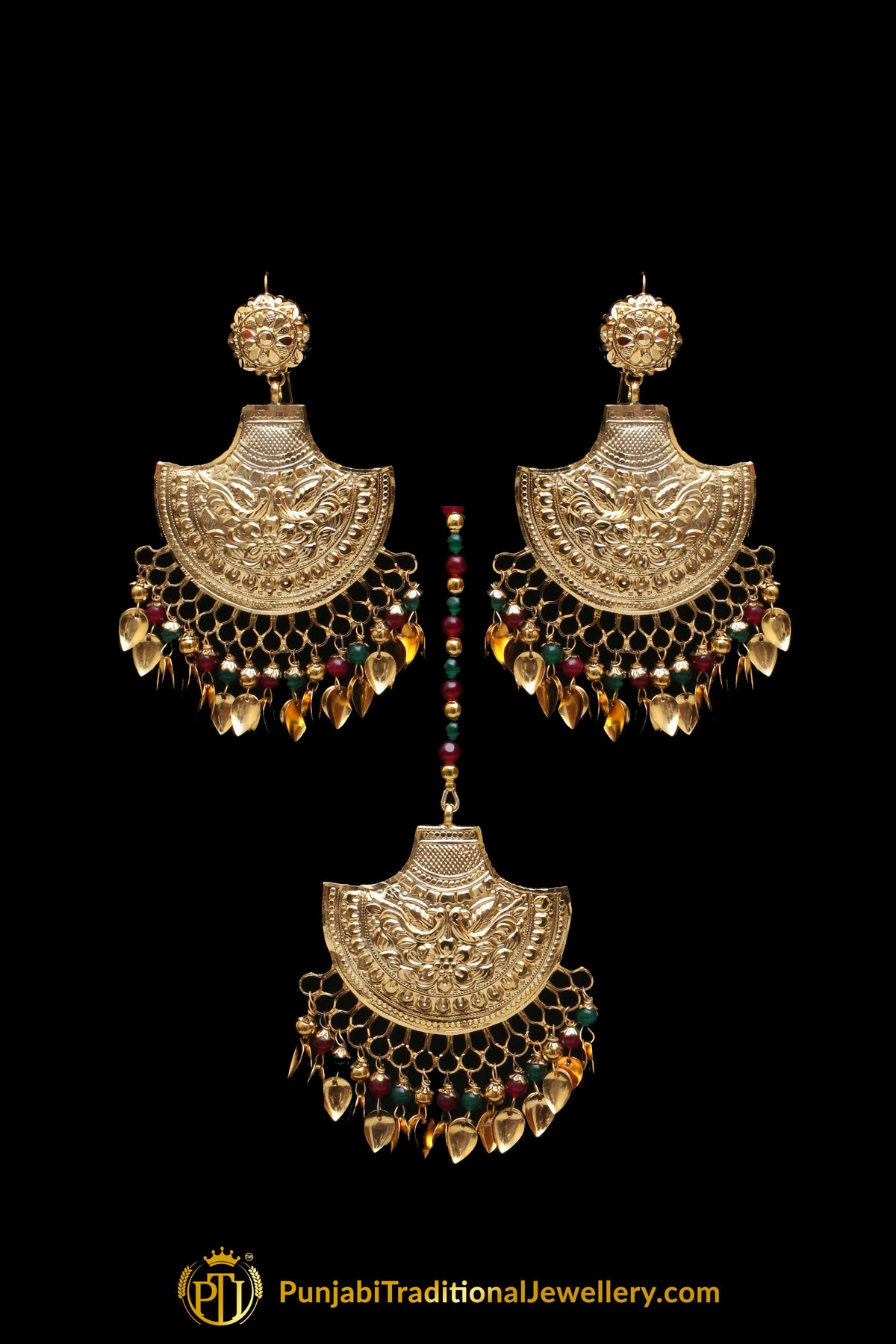 Red Green Pippal Patti Earring Tikka Set By Punjabi Traditional Jewellery