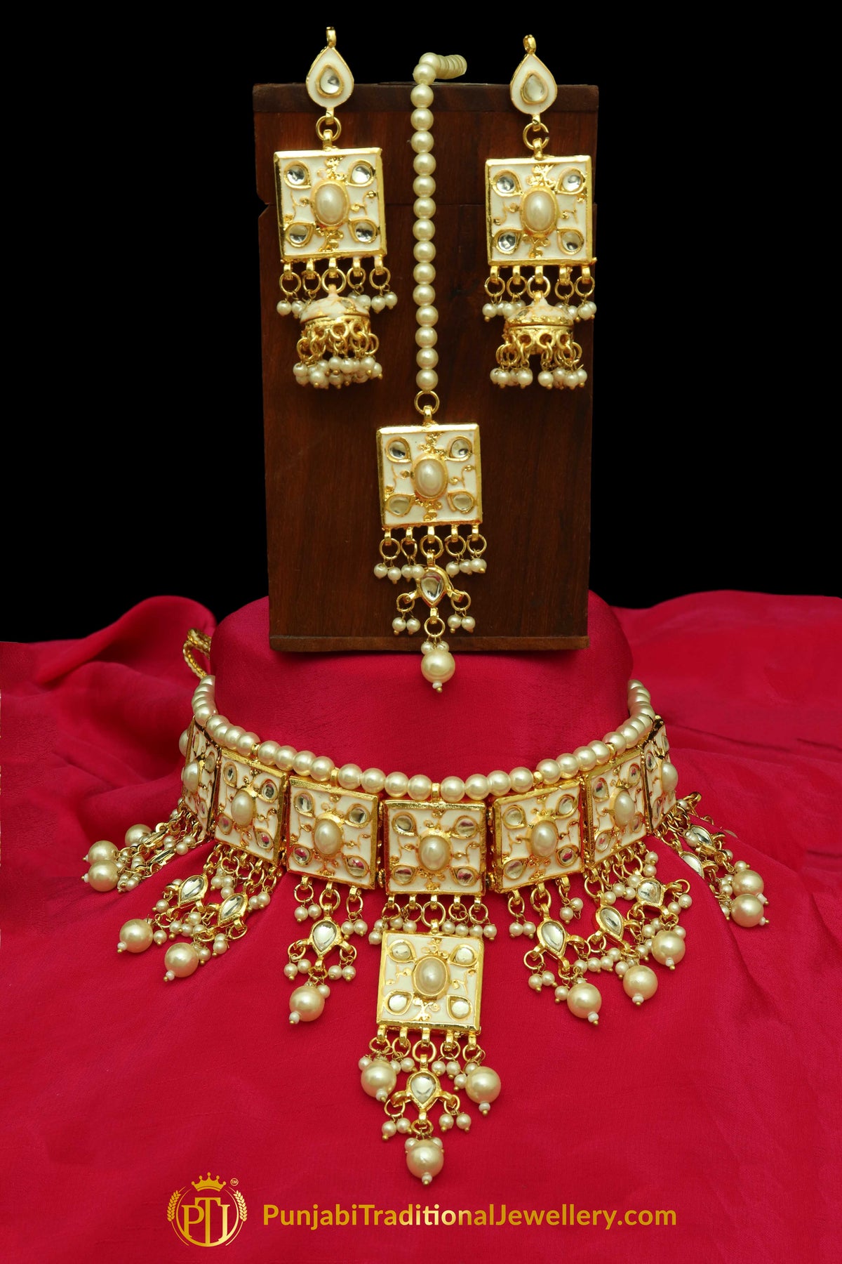White Meena Kundan Pearl Choker Necklace Set By Punjabi Traditional Jewellery