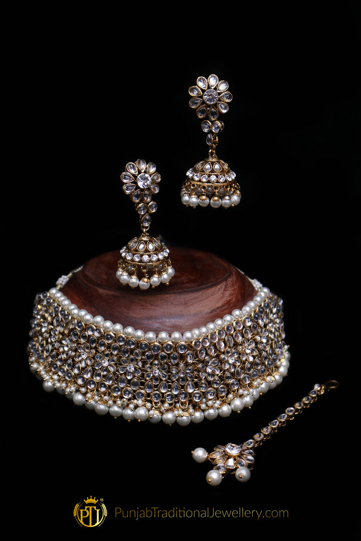 White Pearl Kundan Choker Necklace Set By Punjabi Traditional Jewellery