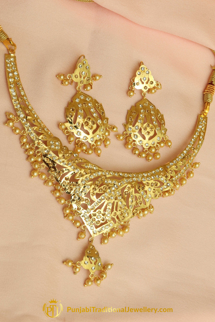Golden Jadau Necklace Set By Punjabi Traditional Jewellery