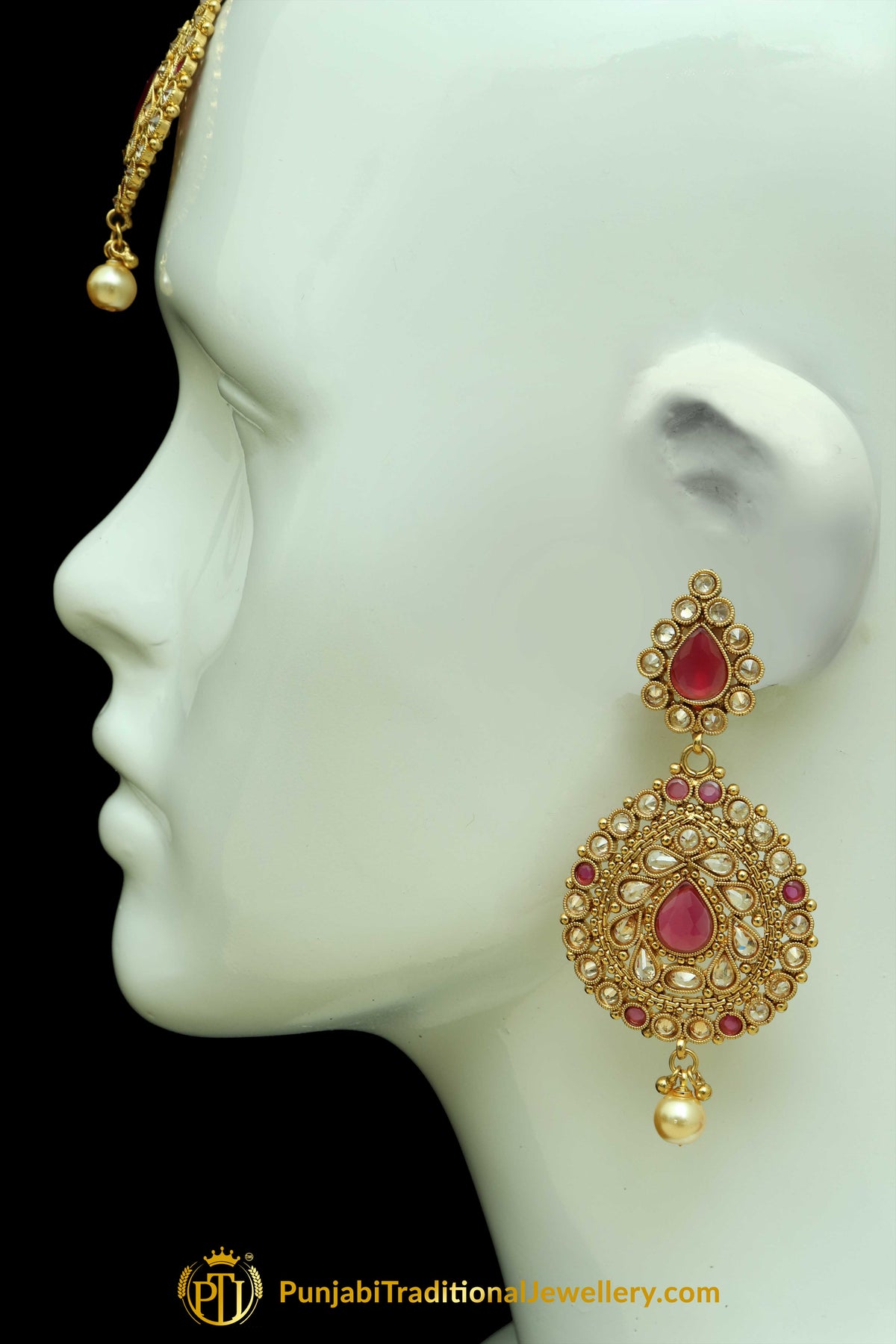 Red Polki Earrings Tikka Set By Punjabi Traditional Jewellery