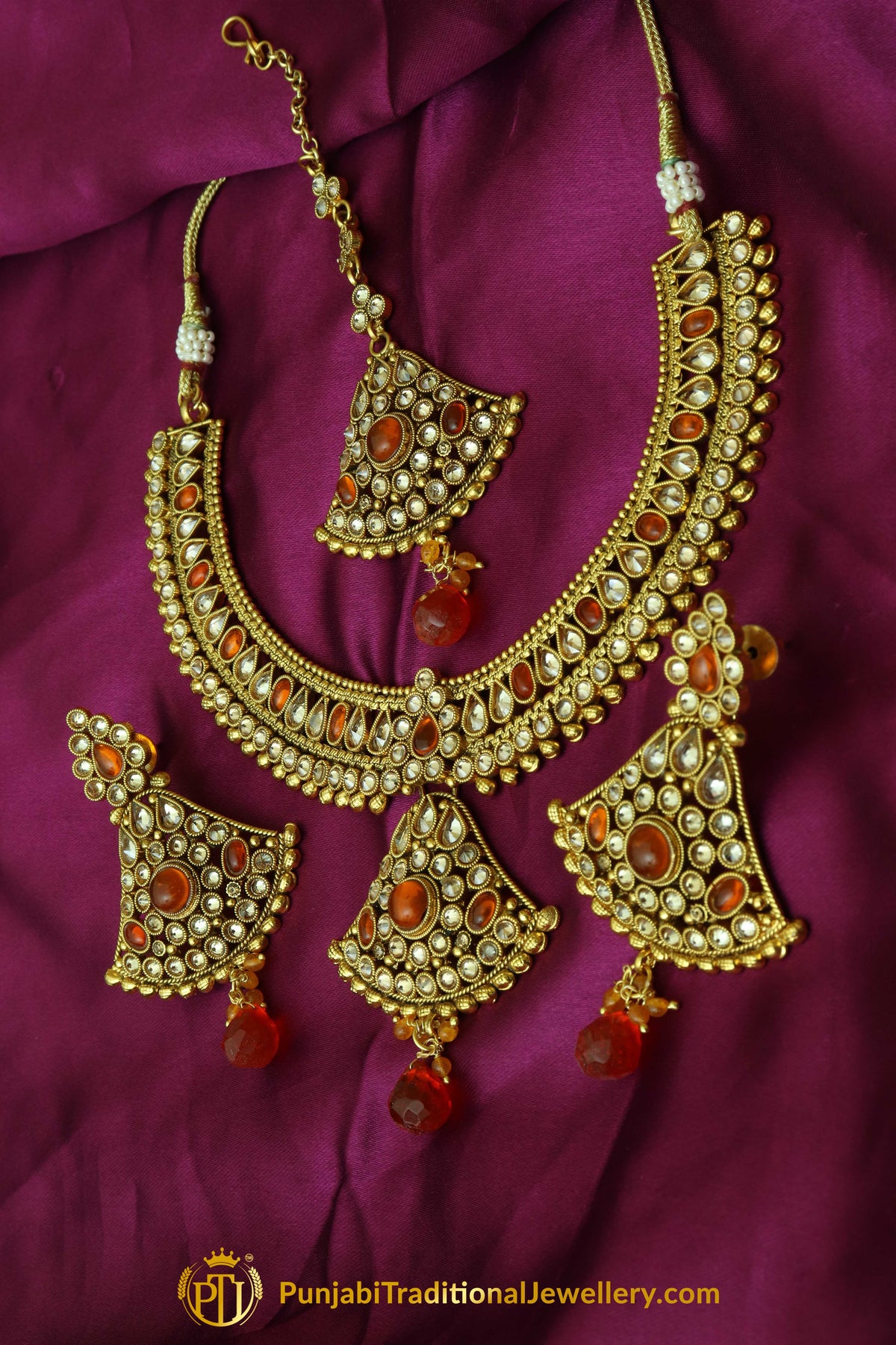 Red Polki Necklace Set By Punjabi Traditional Jewellery