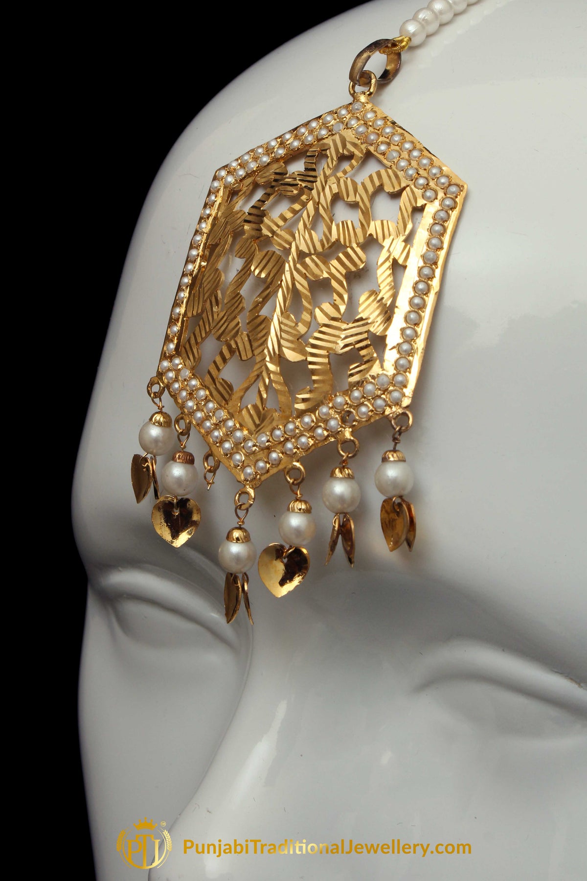 Golden Jadau Pippal Patti Earring Tikka Set By Punjabi Traditional Jewellery