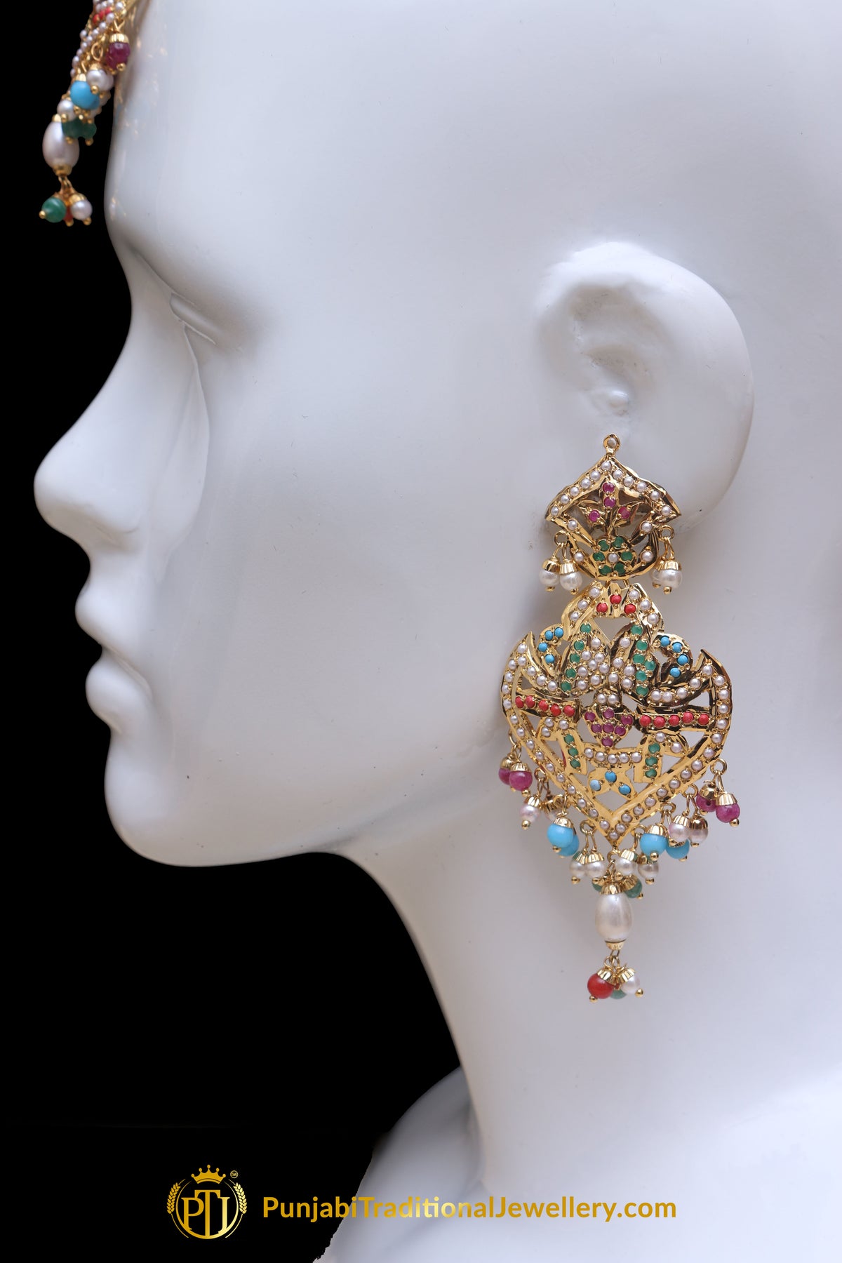 Multi Jadau Pearl Earring Tikka Set By Punjabi Traditional Jewellery