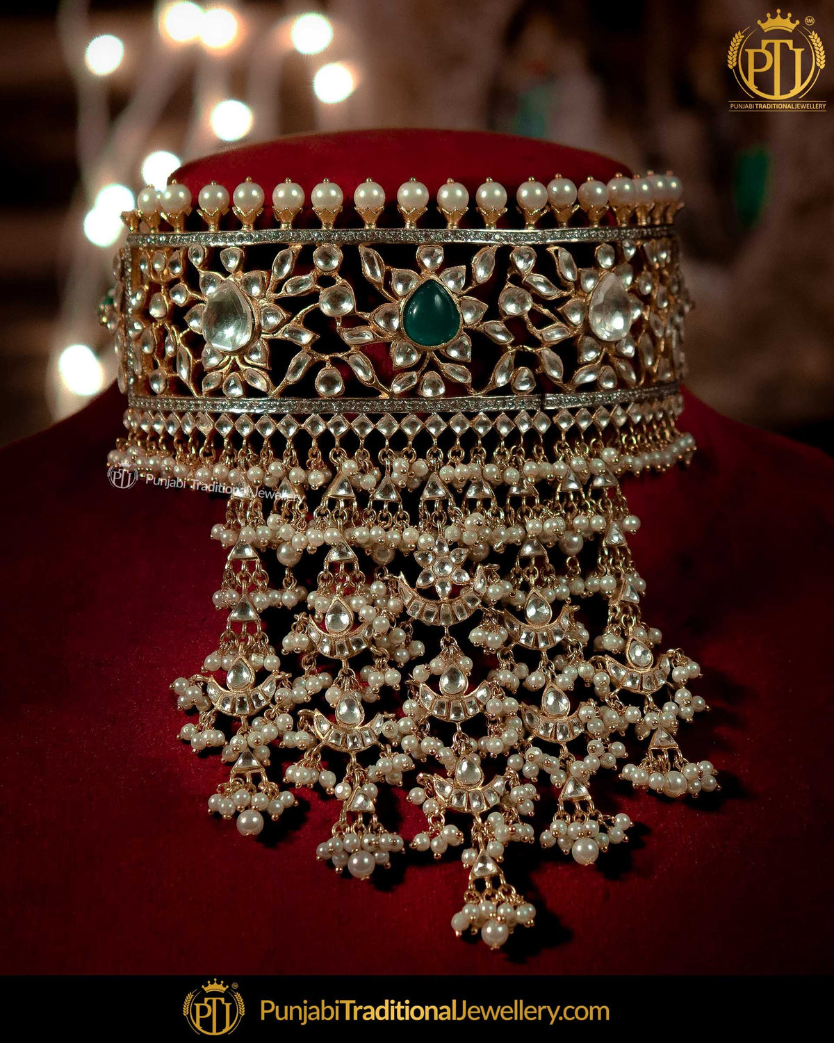 Gold Finished Kundan Emerald Choker Necklace Set | Punjabi Traditional Jewellery Exclusive