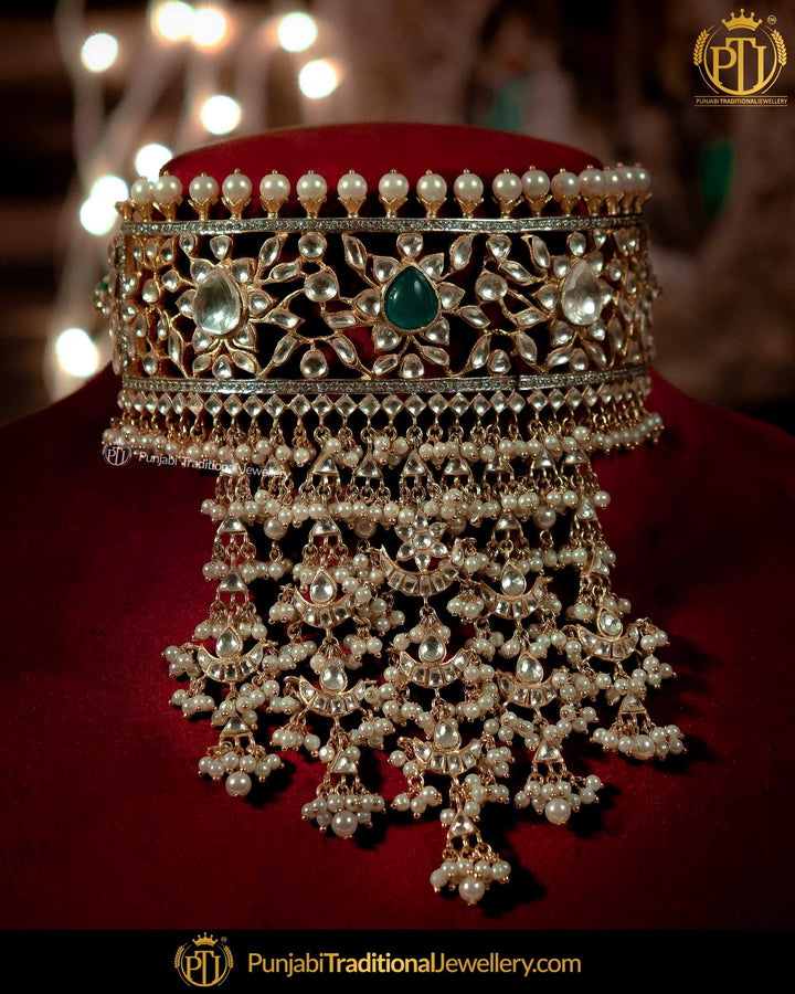 Gold Finished Kundan Emerald Choker Necklace Set | Punjabi Traditional Jewellery Exclusive