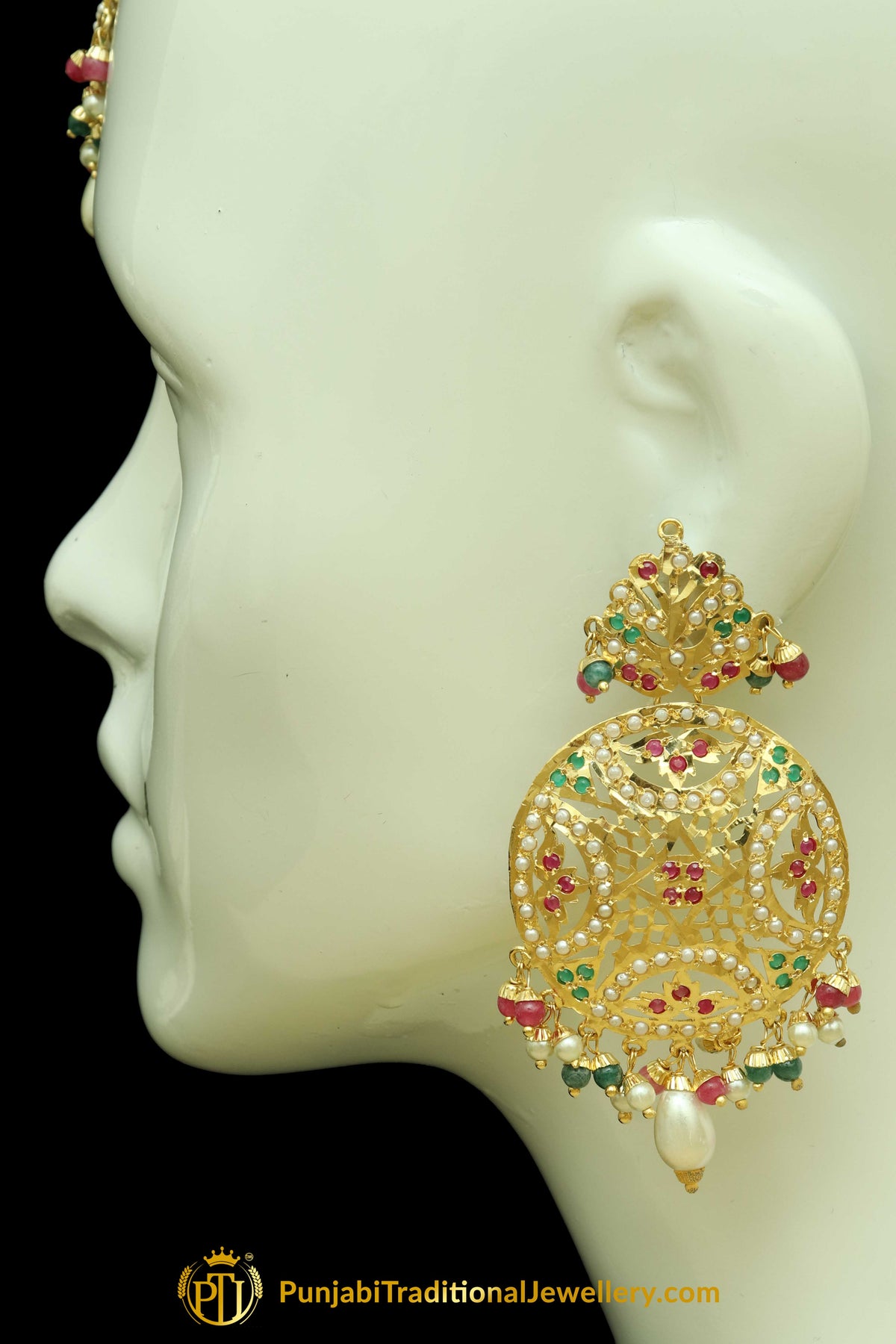 Gold Finished Navratan Jadau Earring Tikka Set By Punjabi Traditional Jewellery