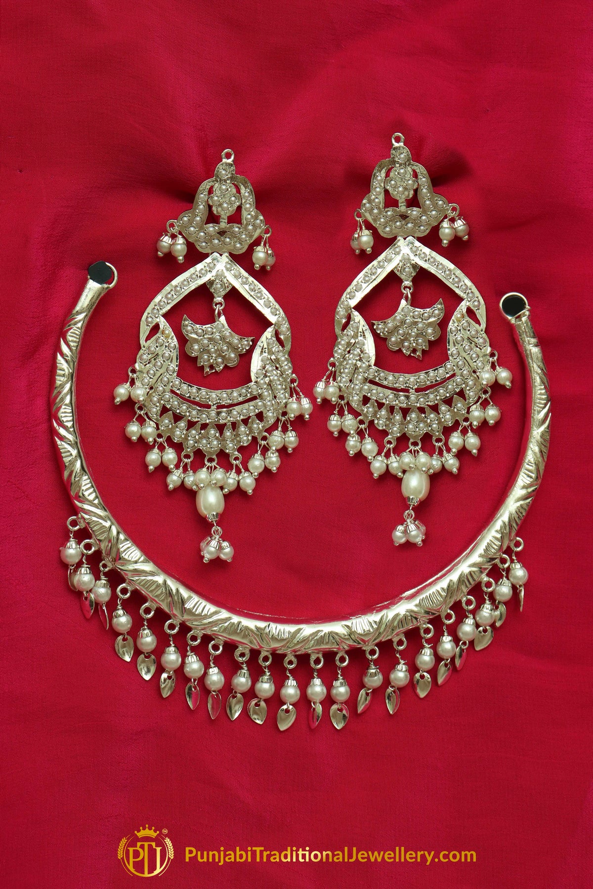 Silver Finished Pearl Pippal Patti Hasli Set By Punjabi Traditional Jewellery