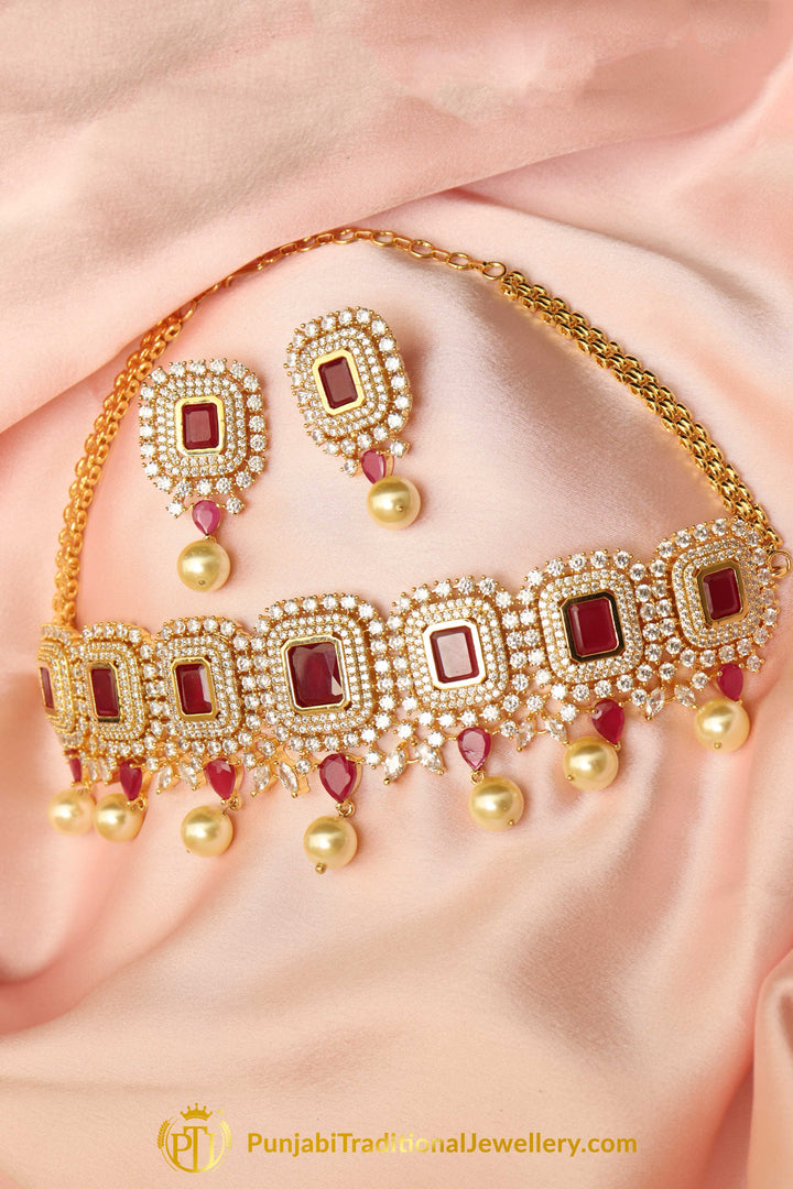 Ghadah Red Pearl American diamond Choker Set & Earrings | Punjabi Traditional Jewellery Exclusive