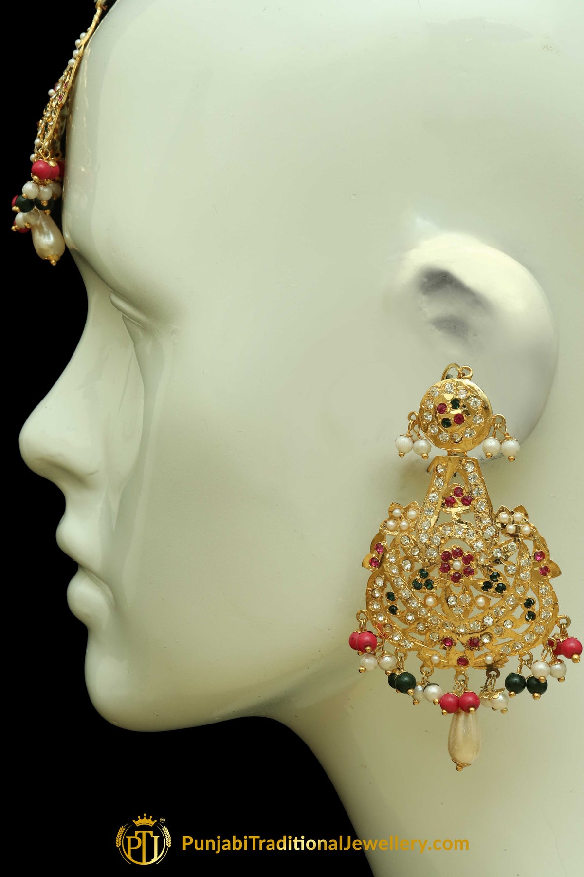Multi Jadau Pearl Earring Tikka Set By Punjabi Traditional Jewellery