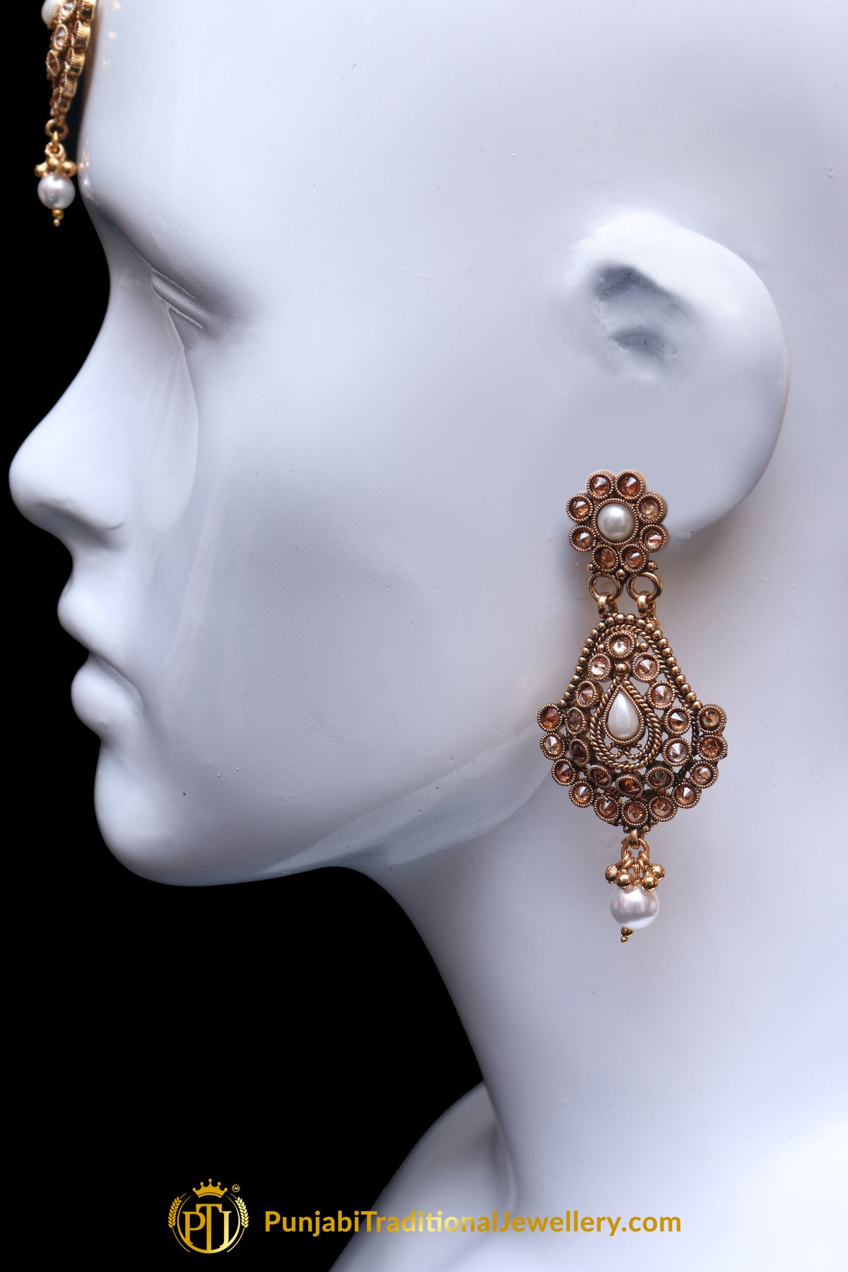 Champagne Stone  Pearl Antique Gold Earring Tikka Set By Punjabi Traditional Jewellery
