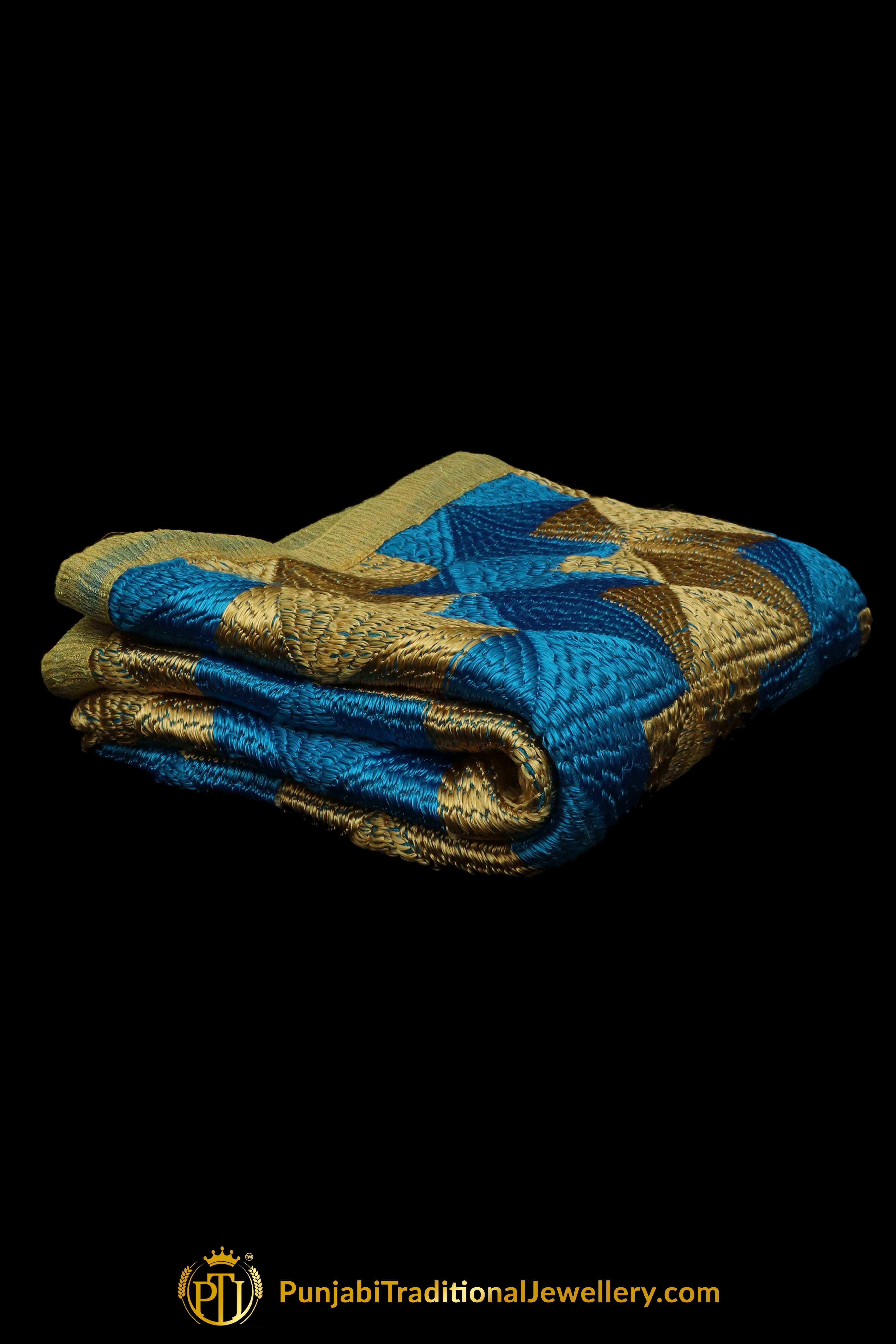 Golden & Blue Color Pure Phulkari Dupatta By Punjabi Traditional Jewellery