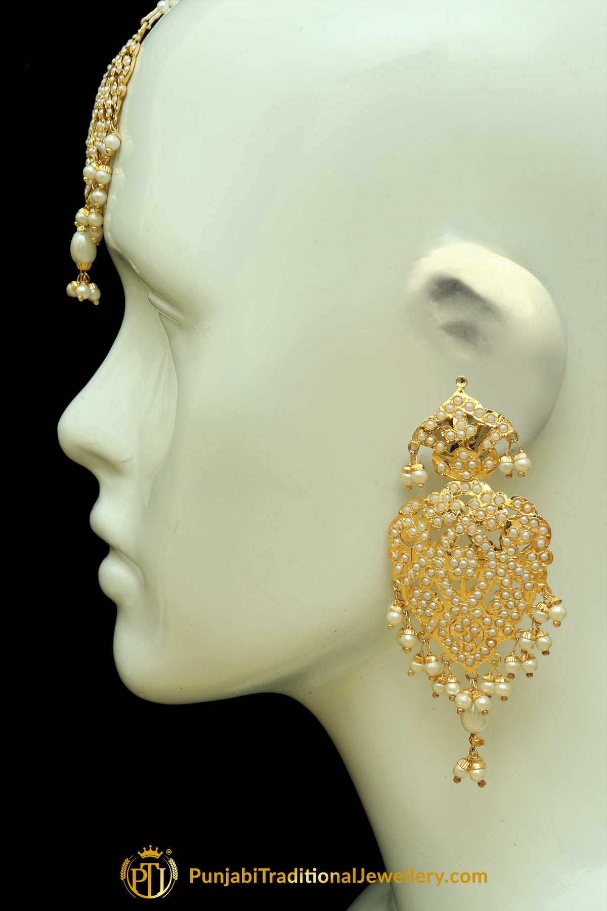 Golden Jadau Pearl Earring Tikka Set By Punjabi Traditional Jewellery