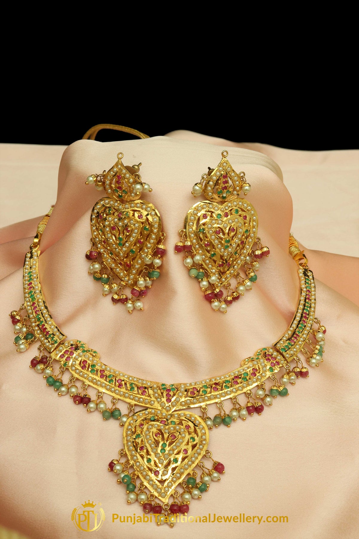 Red & Green Jadau Necklace Set By Punjabi Traditional Jewellery