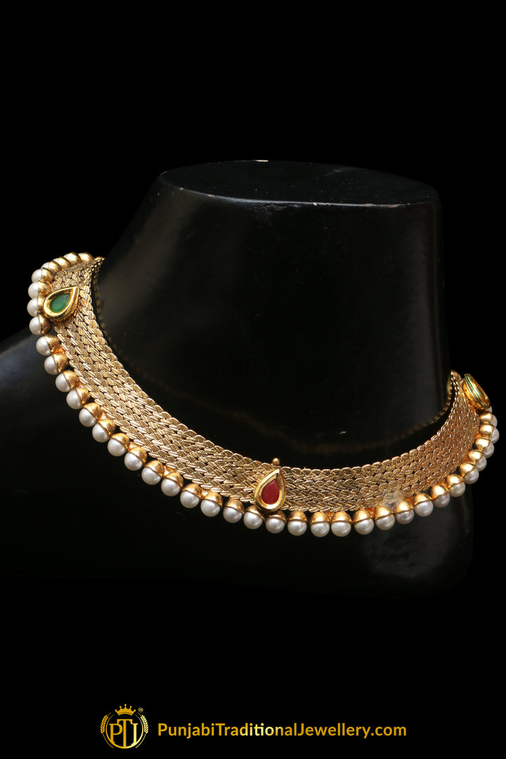 Red &  Green Antique Gold, Polki Payal By Punjabi Traditional Jewellery