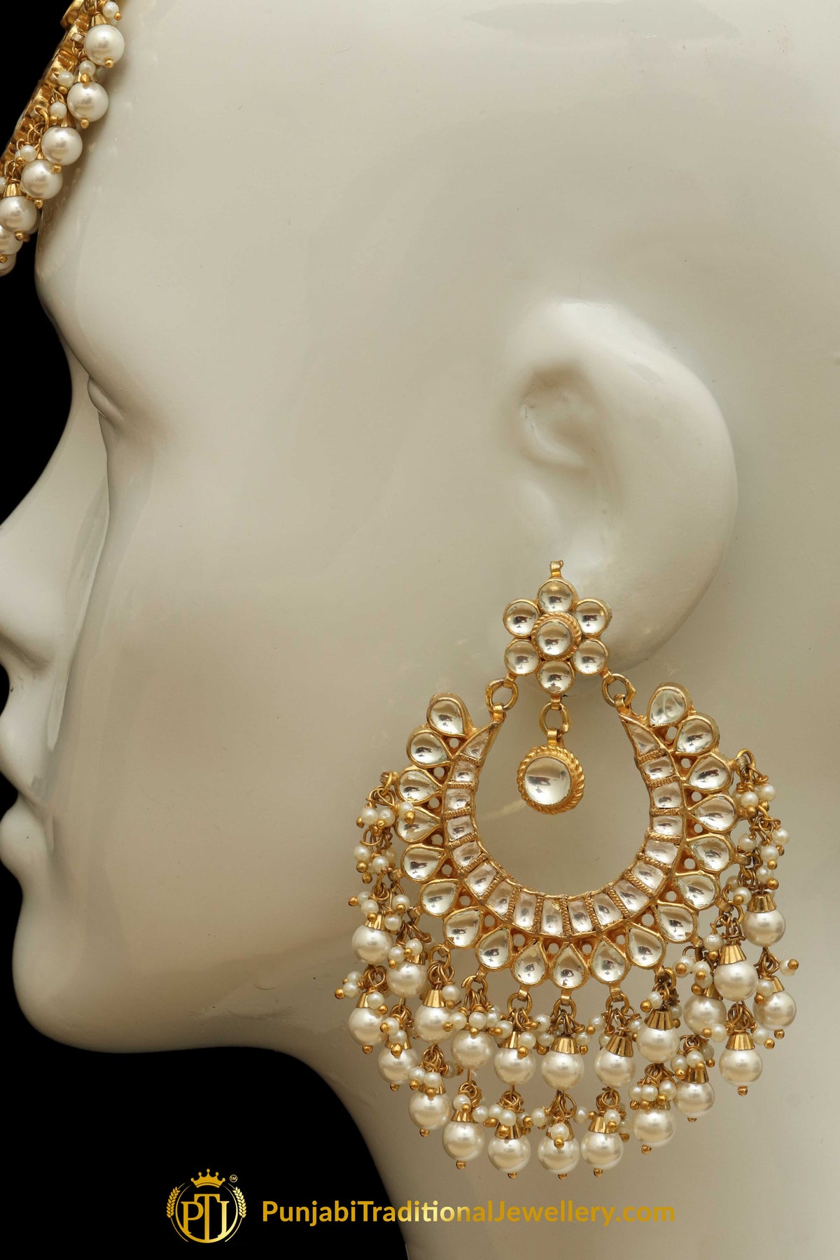 Golden Kundan Pearl Earring Tikka Set | Punjabi Traditional Jewellery Exclusive