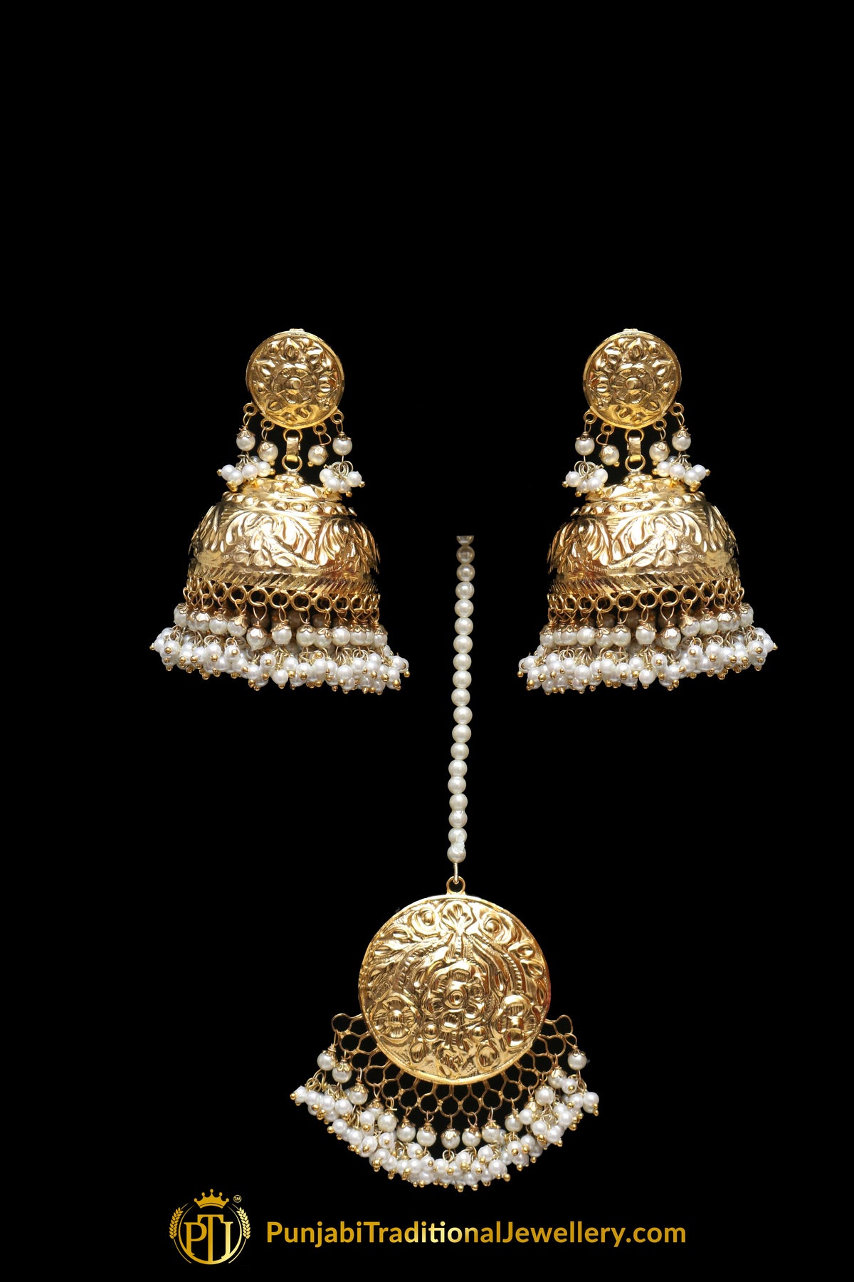 Golden Jadau Jhumki Earrings & Tikka Set By Punjabi Traditional Jewellery