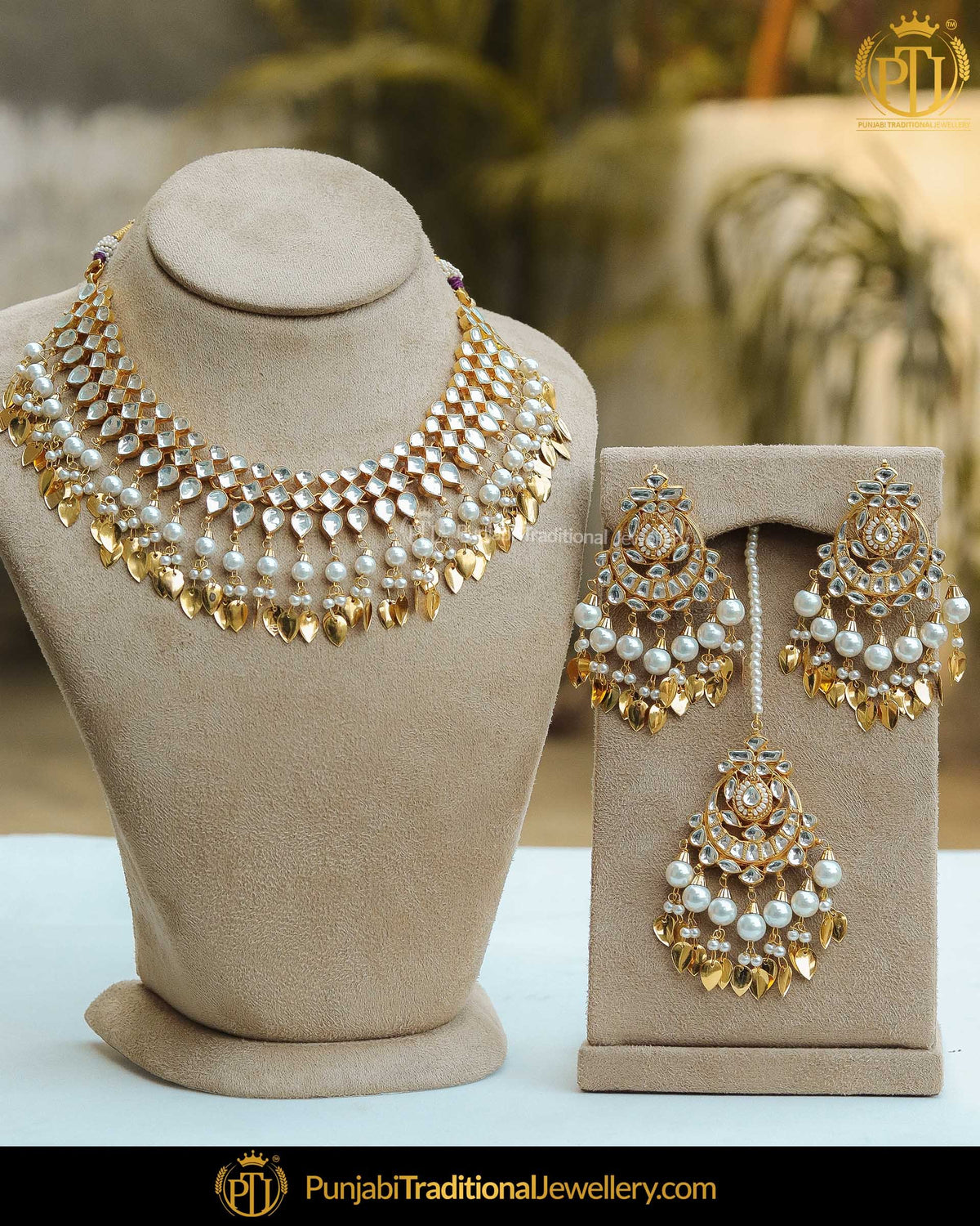 Gold Finished Pearl Pippal Patti Kundan Necklace Set | Punjabi Traditional Jewellery Exclusive