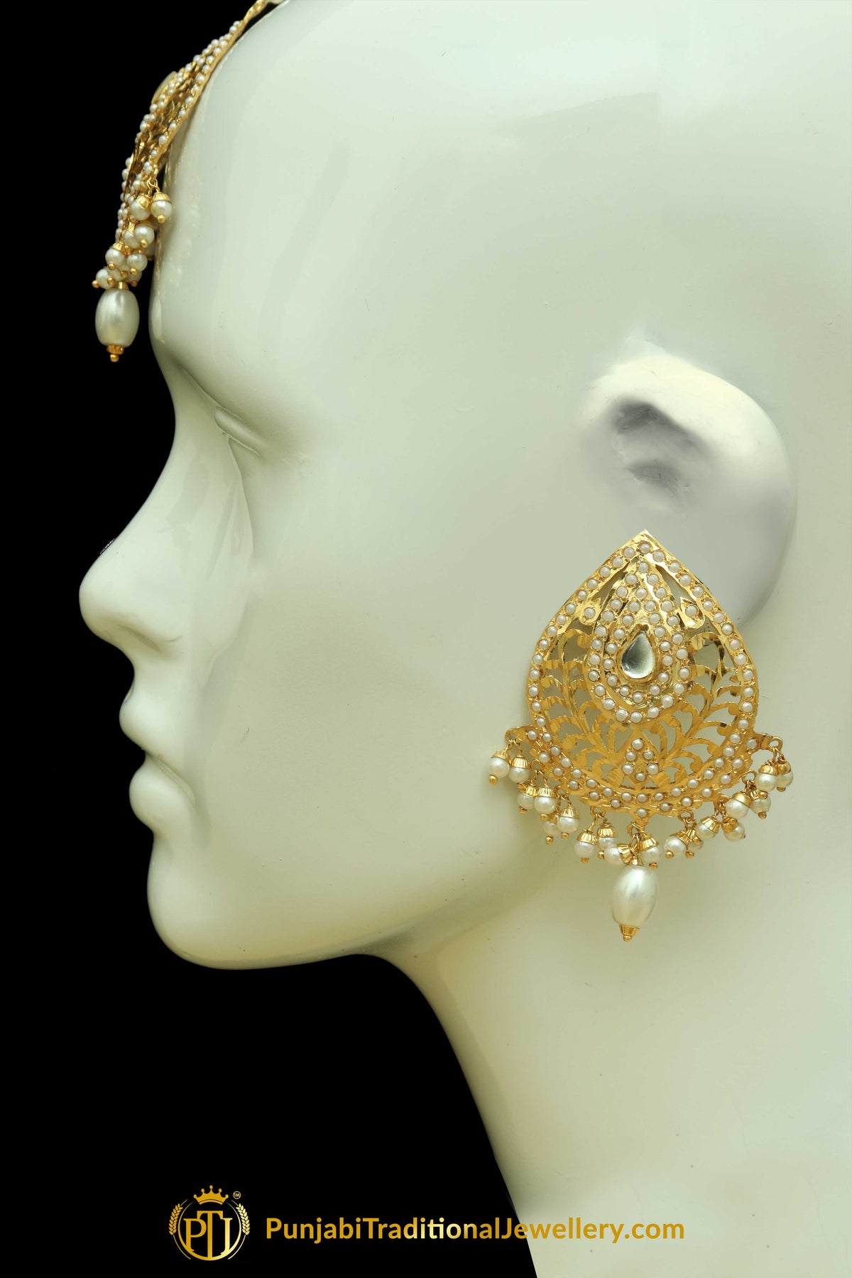 Golden Jadau/kundan Pearl Earring Tikka Set By Punjabi Traditional Jewellery