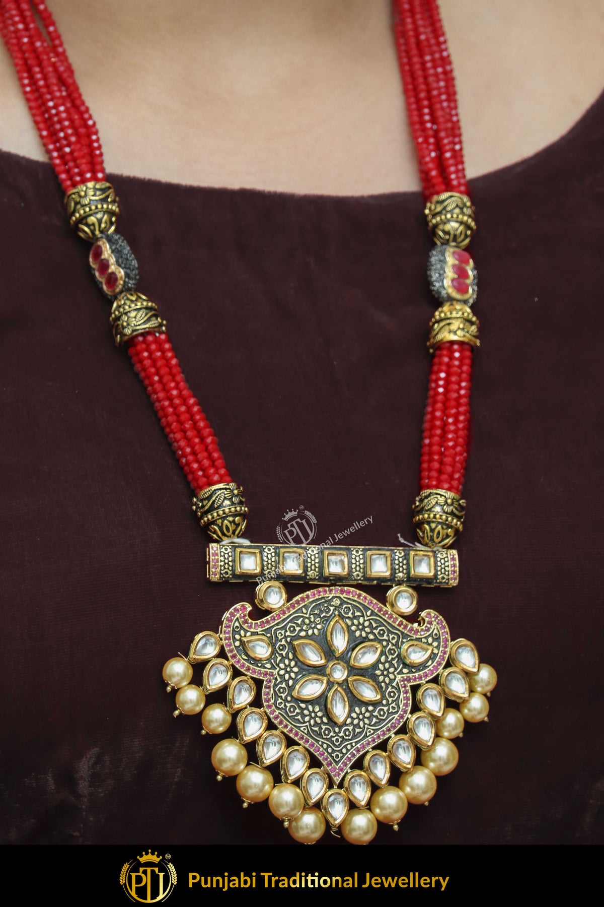 Forhand Gold Finished Rubby Kundan Long Necklace Set | Punjabi Traditional Jewellery Exclusive