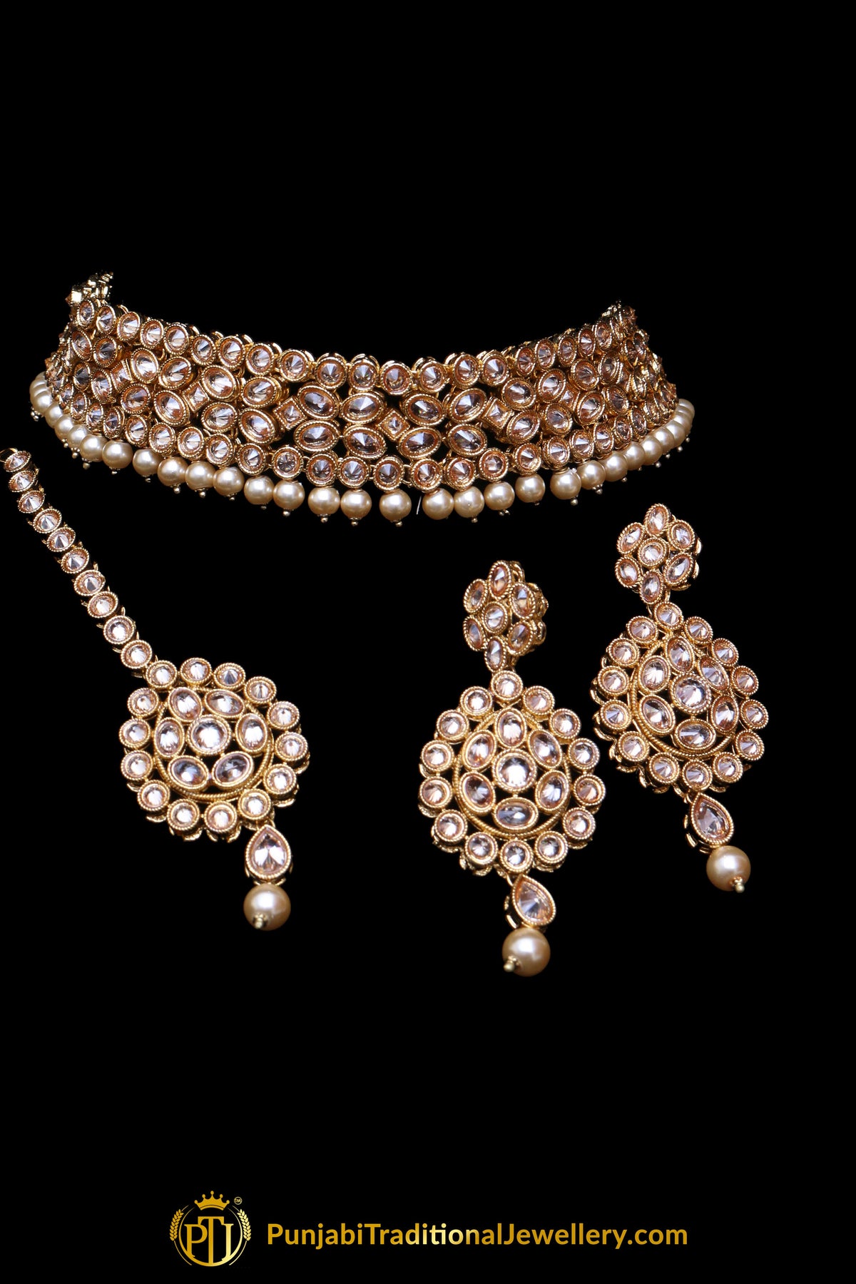 Pearl Champagne Stone Necklace Set By Punjabi Taditional Jewellery