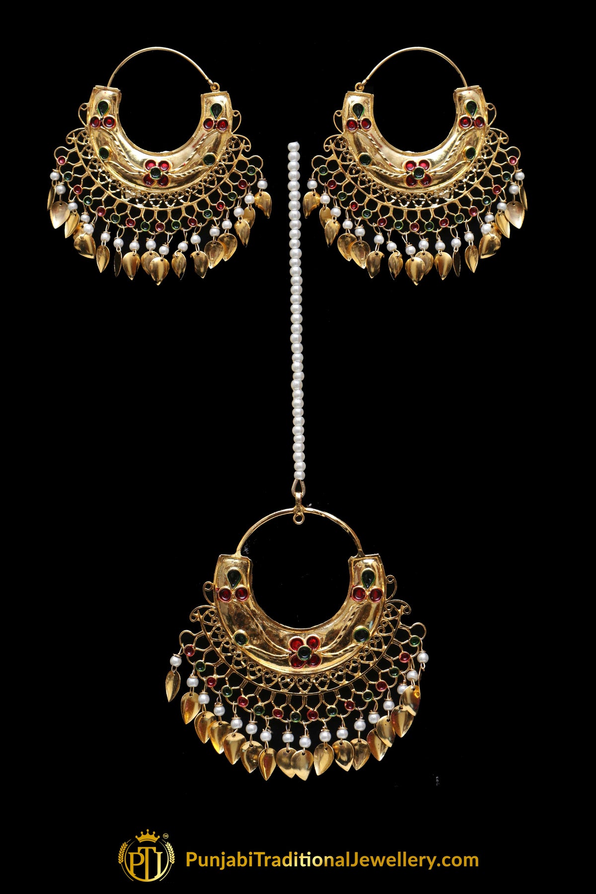 Red Green Pippal Patti Earring Tikka Set By Punjabi Traditional Jewellery