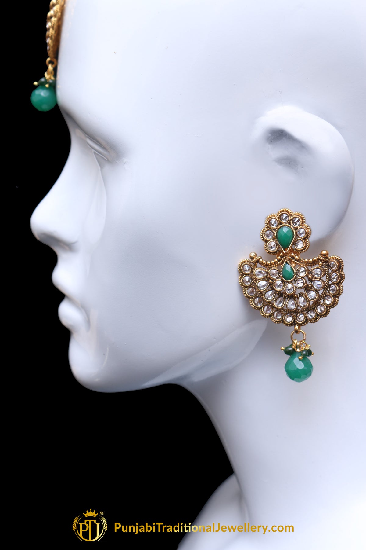 Green Polki Earring Tikka Set By Punjabi Traditional Jewellery